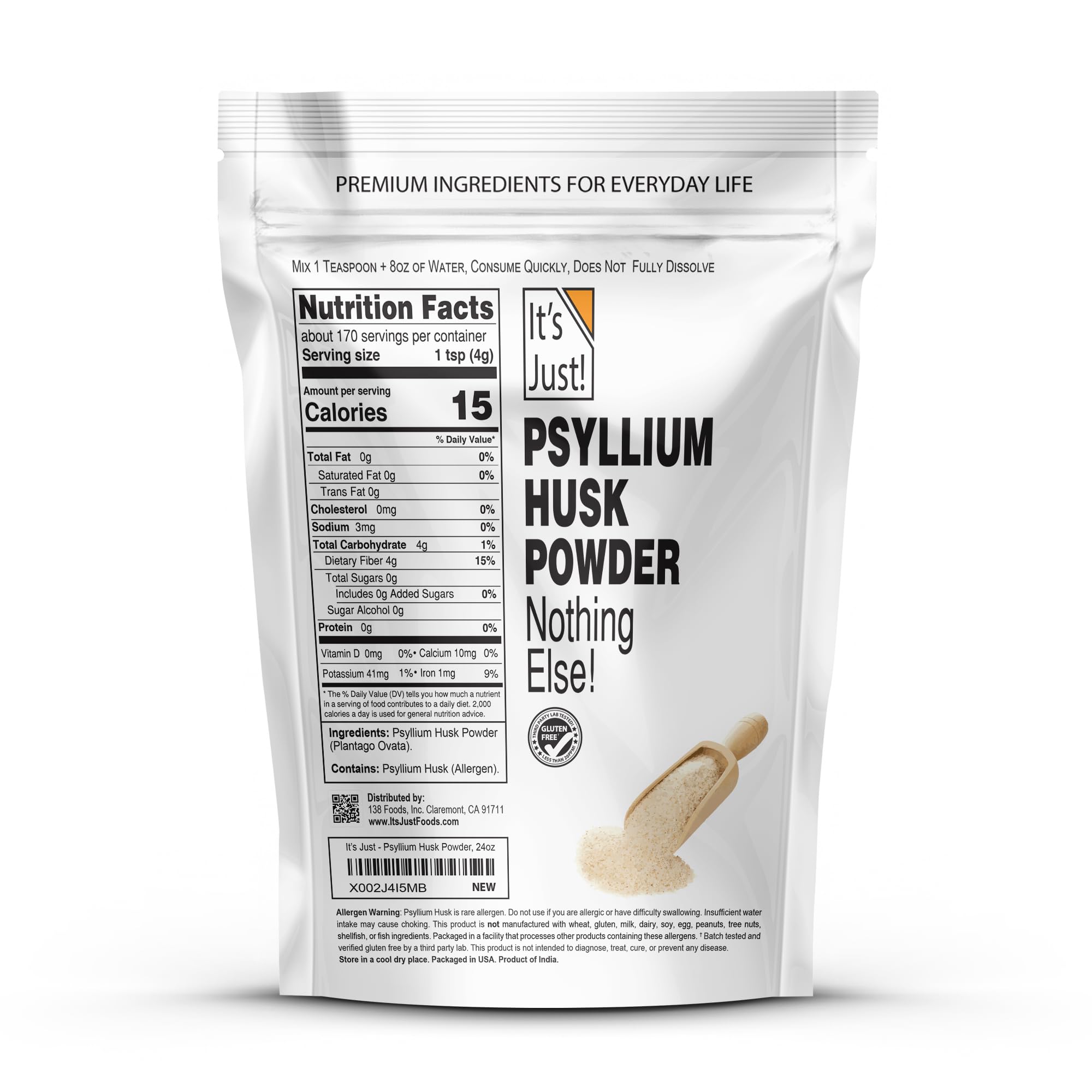 It's Just! - Psyllium Husk Powder, Easy Mixing Dietary Fiber, Cleanse Your Digestive System, Finely Ground Powder, Ideal for Keto Baking, Non-GMO (Unflavored, 24oz (Pack of 1))