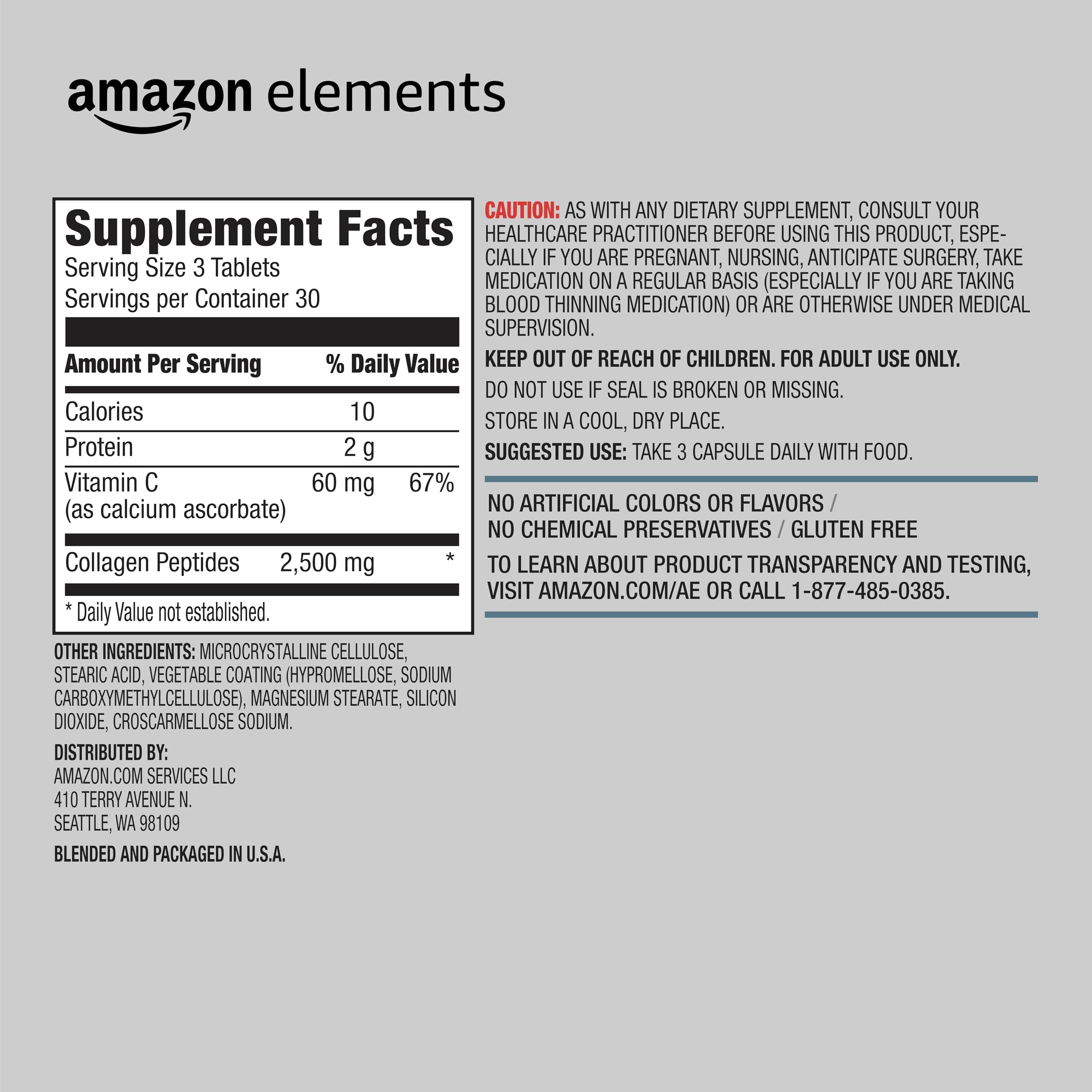 Amazon Elements Collagen Peptides + Vitamin C, 2500mg Collagen Peptides, Gluten Free, 90 Tablets, 1 Month Supply