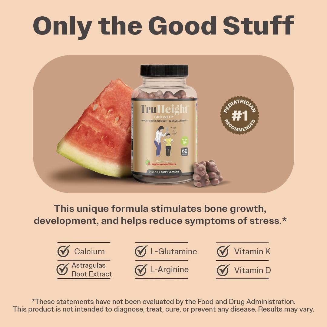 TruHeight Growth Gummies (Watermelon) Tall Nutrition for Natural Growth Supplement for Kids & Teens - Vitamin D, K, Calcium & Ashwagandha, Bone Strength Vitamins D3 K2, Picky Eater, Taller Ages 5+