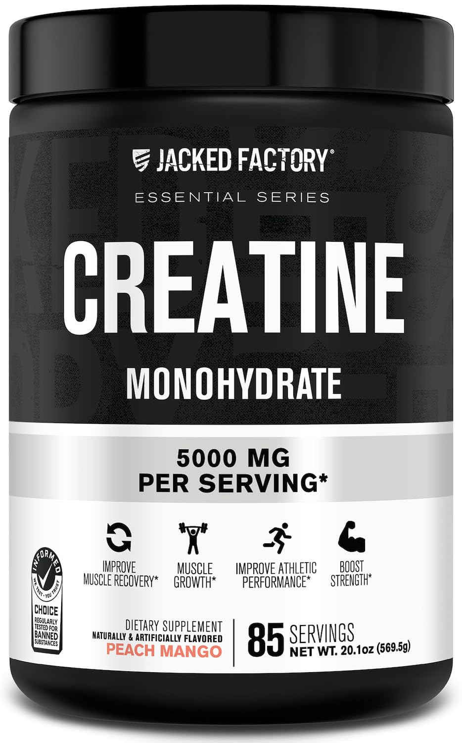 Jacked Factory Creatine Monohydrate Powder 425g - 5g Daily Creatine Supplement for Men and Women, Vegan-Friendly, Third-Party Tested - 85 Servings, Peach Mango