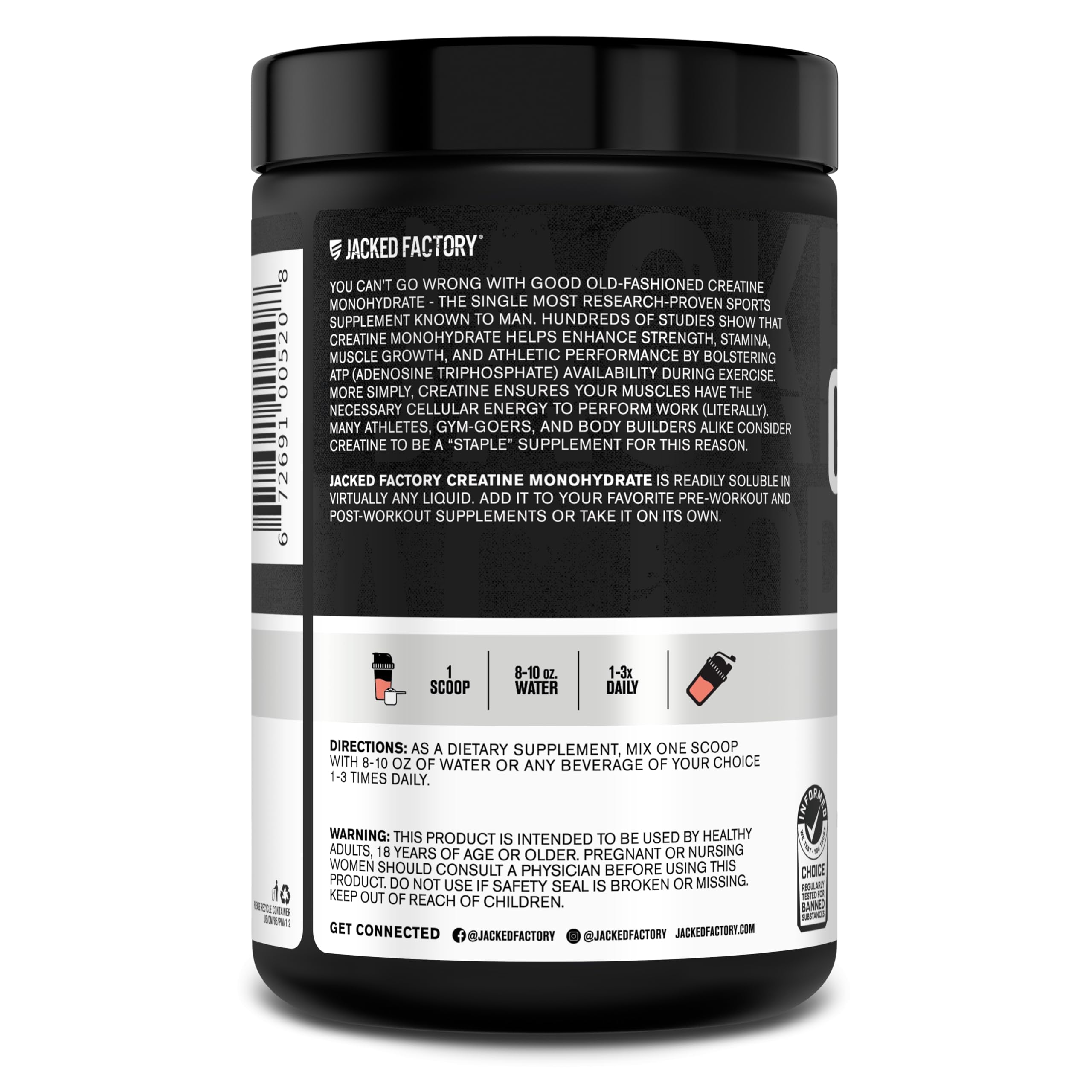 Jacked Factory Creatine Monohydrate Powder 425g - 5g Daily Creatine Supplement for Men and Women, Vegan-Friendly, Third-Party Tested - 85 Servings, Peach Mango