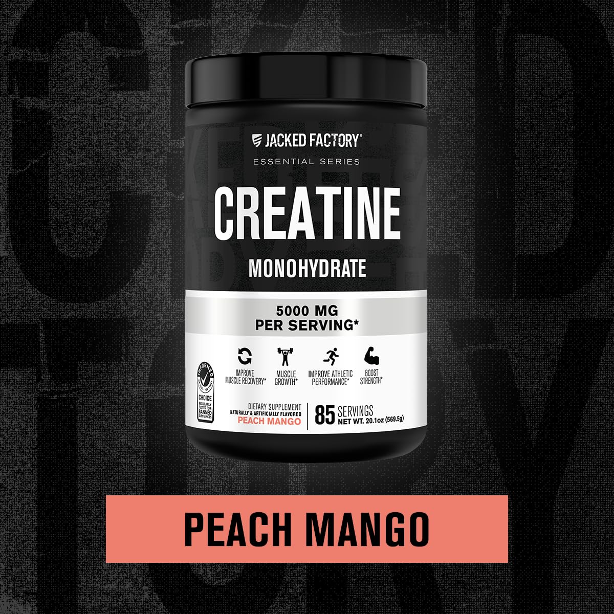 Jacked Factory Creatine Monohydrate Powder 425g - 5g Daily Creatine Supplement for Men and Women, Vegan-Friendly, Third-Party Tested - 85 Servings, Peach Mango