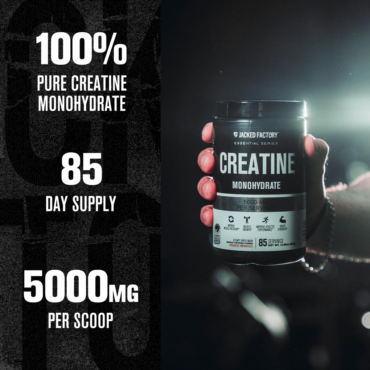 Jacked Factory Creatine Monohydrate Powder 425g - 5g Daily Creatine Supplement for Men and Women, Vegan-Friendly, Third-Party Tested - 85 Servings, Peach Mango