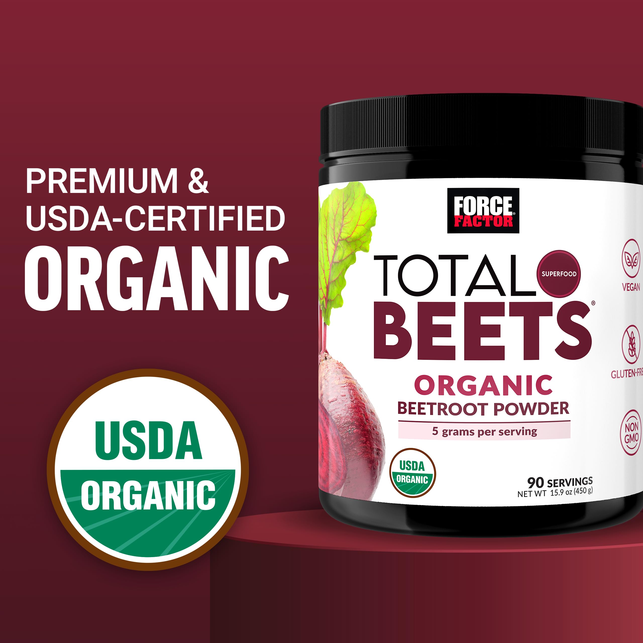 Force Factor Total Beets Organic Beetroot Powder Superfood to Boost Daily Nutrition, USDA Organic, Vegan, Gluten-Free, and Non-GMO Beet Supplement, Unflavored, 90 Servings