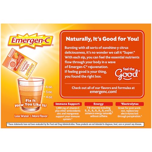 Emergen-C 1000mg Vitamin C Powder for Daily Immune Support Caffeine Free Vitamin C Supplements with Zinc and Manganese, B Vitamins and Electrolytes, Super Orange Flavor - 60 Count/2 Month Supply