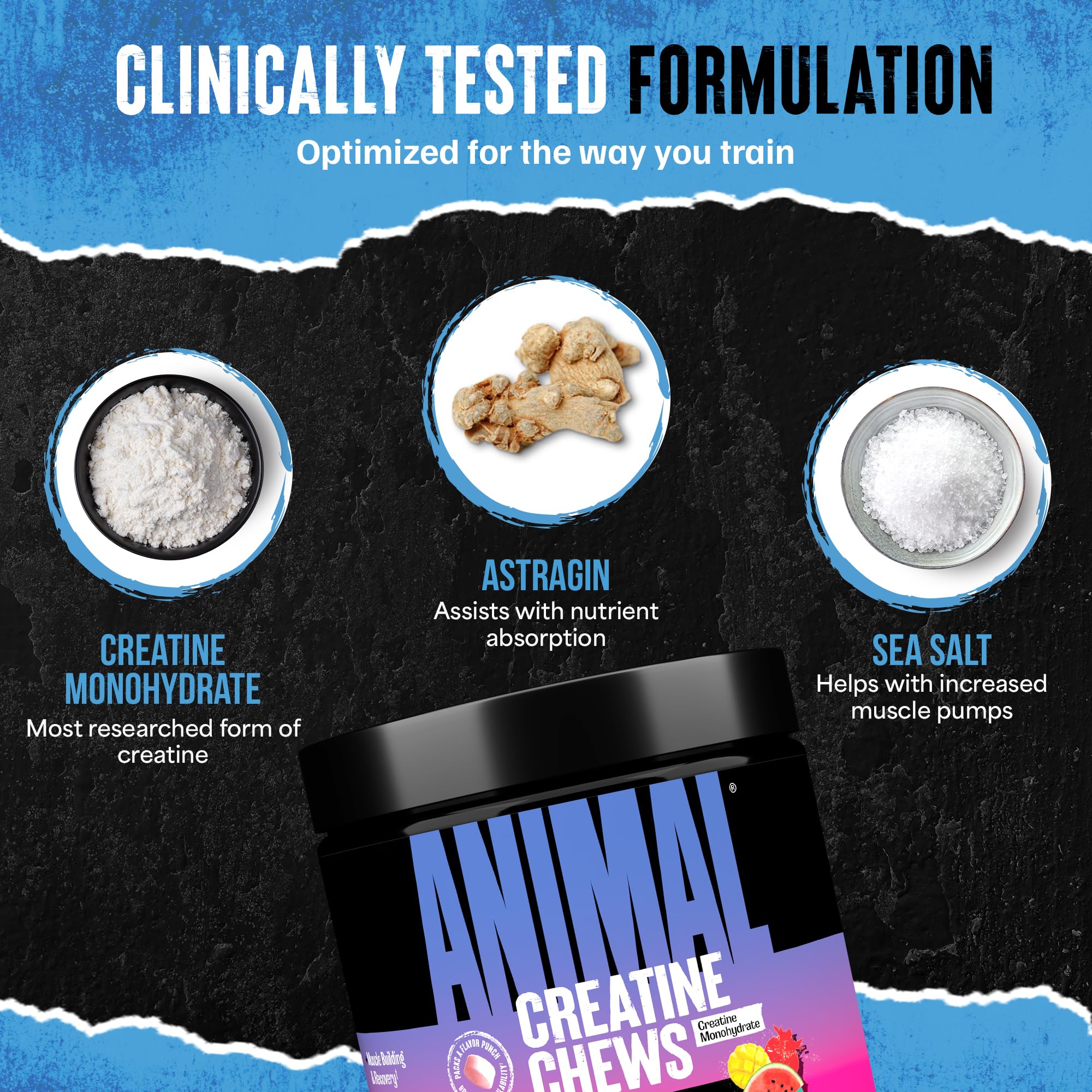 Animal Creatine Chews Tablets - Enhanced Creatine Monohydrate with AstraGin to Improve Absorption, Sea Salt for Added Pumps, Delicious and Convenient Chewable Tablets - Fruit Punch
