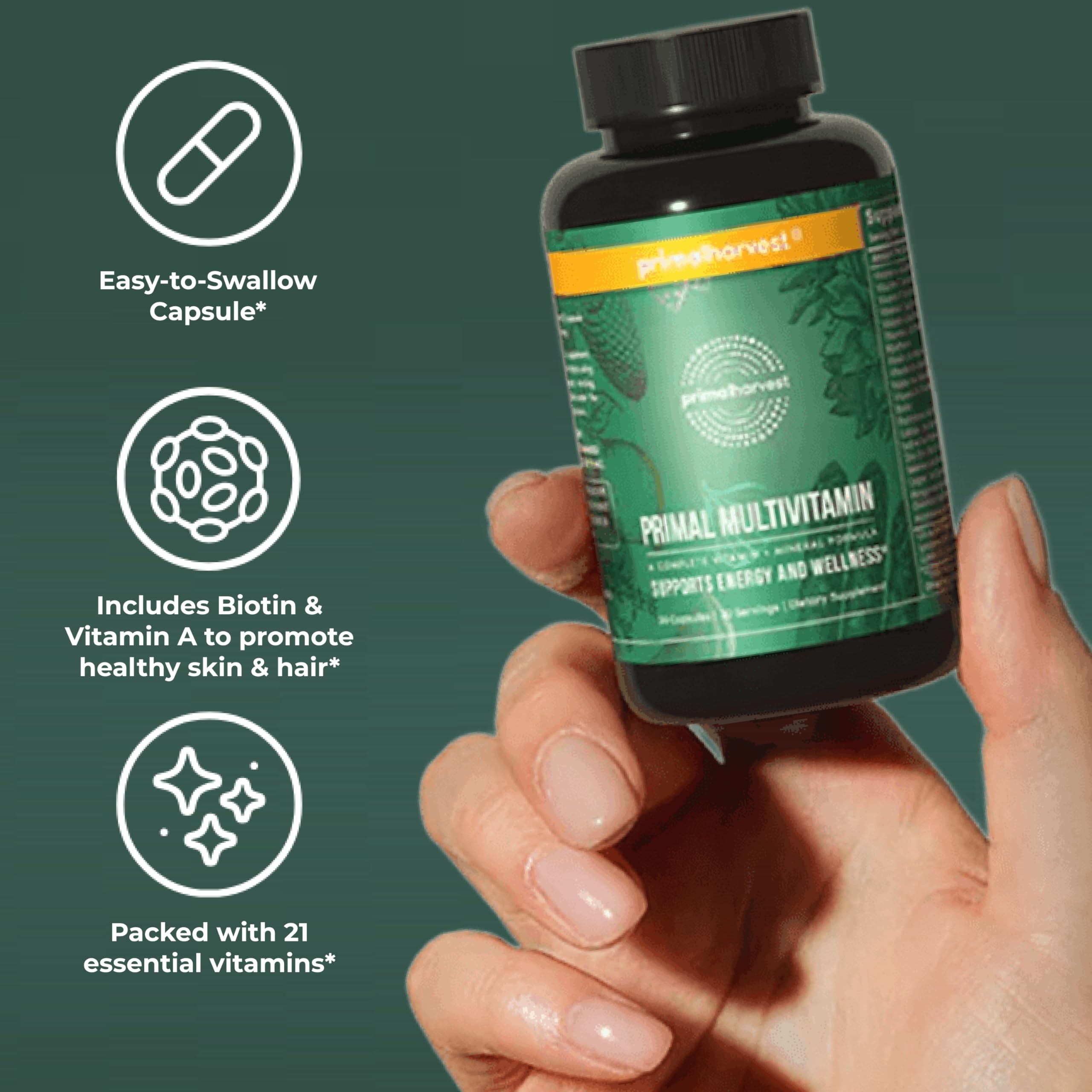 Primal Harvest Primal Multivitamin - Daily Multi-Vitamin Supplement with 21 Essential Vitamins & Minerals for Women & Men - Vitamin A, C, D, E, B12, B6, Biotin, Folic Acid, Zinc, Copper & Selenium