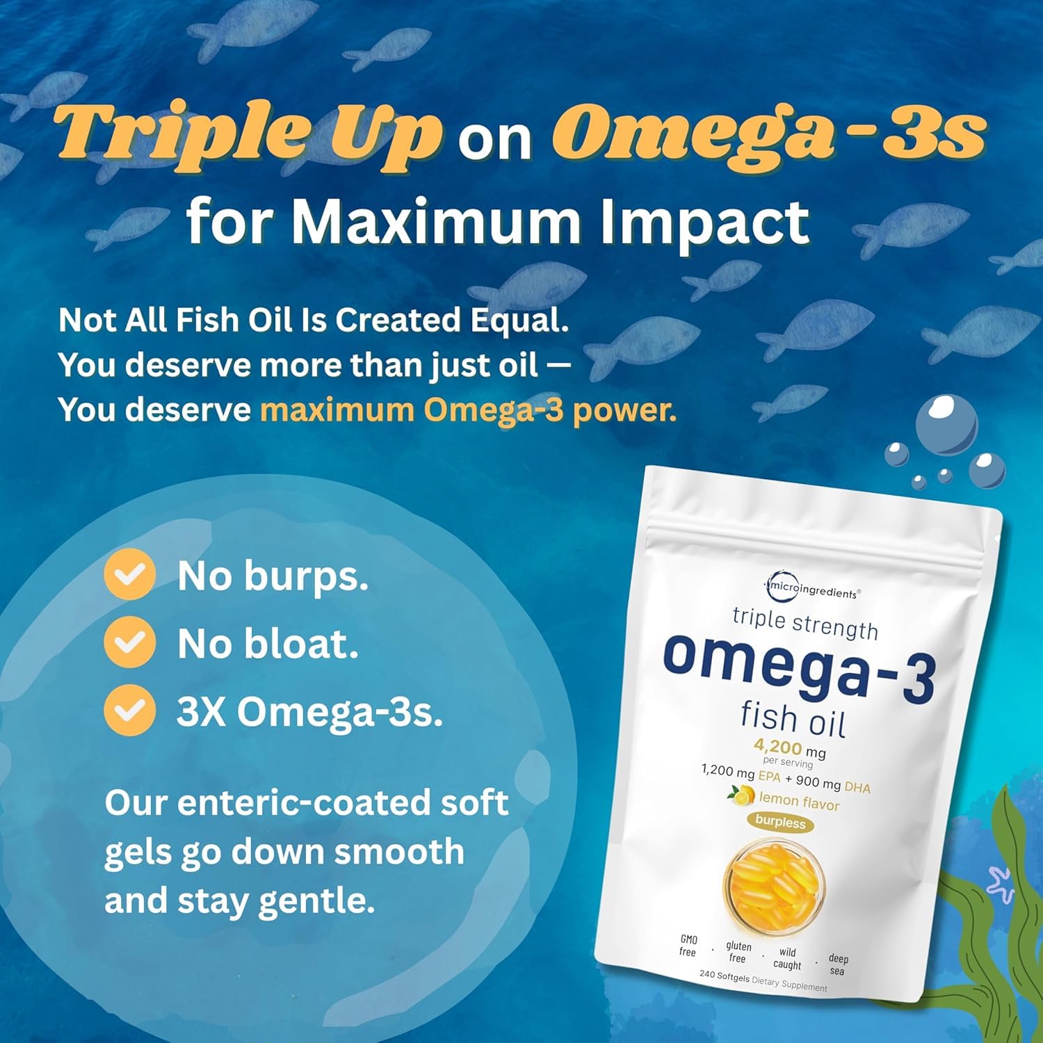 Micro Ingredients Triple Strength Omega 3 Fish Oil Supplements 4200mg Per Serving, 240 Softgels – Lemon Flavored – Burpless | EPA 1200mg + DHA 900mg | Deep Sea Fish