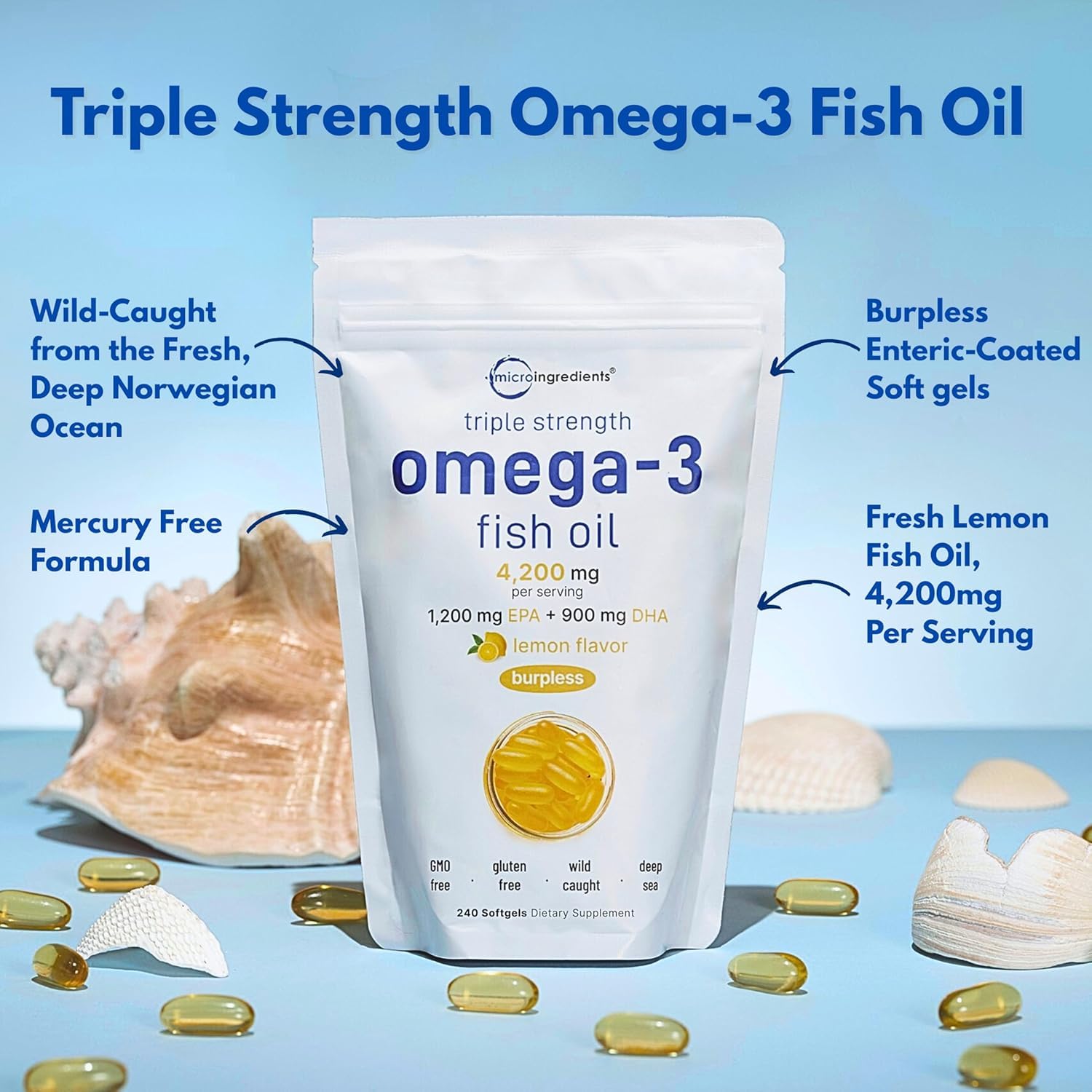 Micro Ingredients Triple Strength Omega 3 Fish Oil Supplements 4200mg Per Serving, 240 Softgels – Lemon Flavored – Burpless | EPA 1200mg + DHA 900mg | Deep Sea Fish