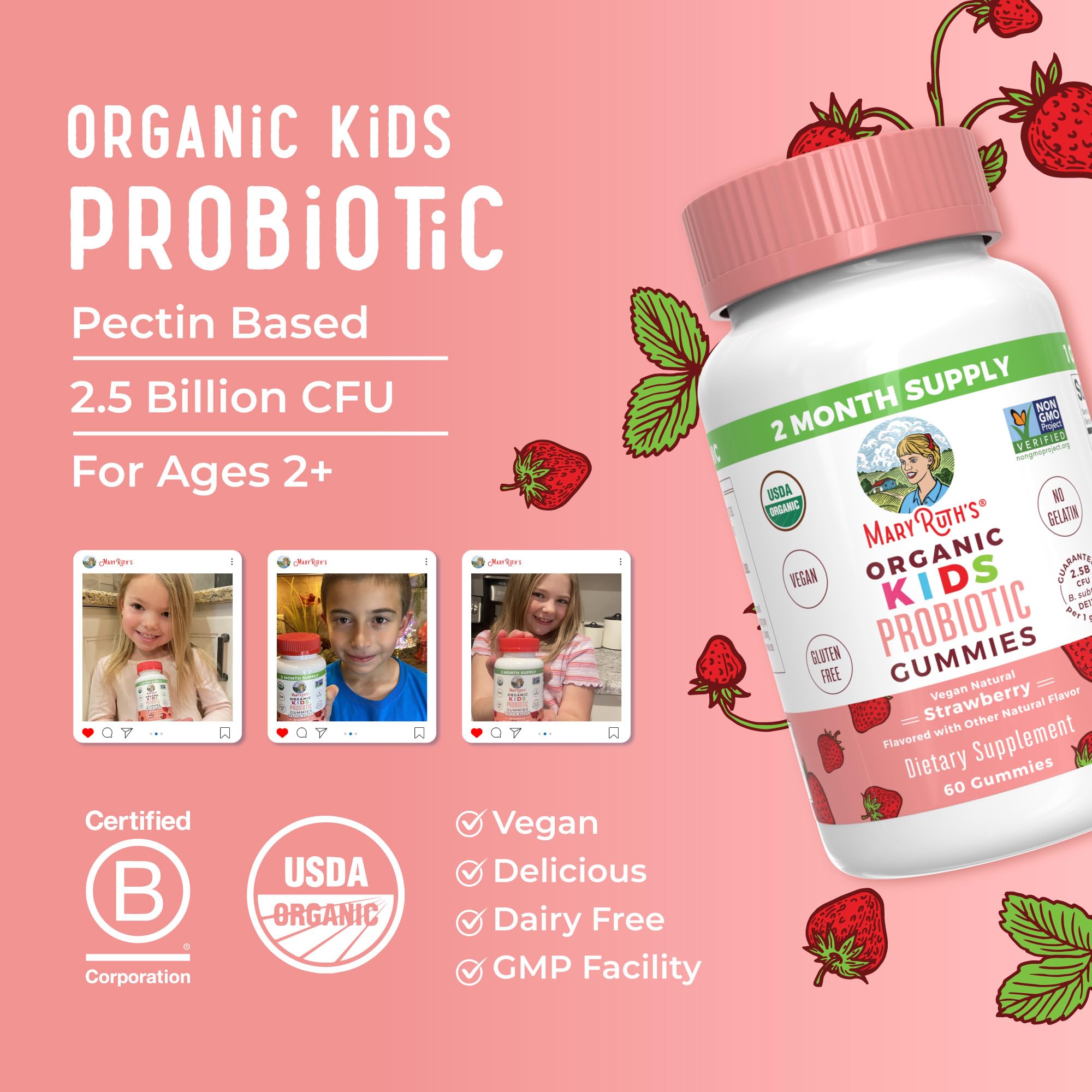 MaryRuth Organics Kids Probiotics for Digestive Health | USDA Probiotic Gummies | 2 Month Supply | Kids Probiotics | Immune Support | Gut Health Supplement | Vegan | Non-GMO | Gluten Free | 60 Count