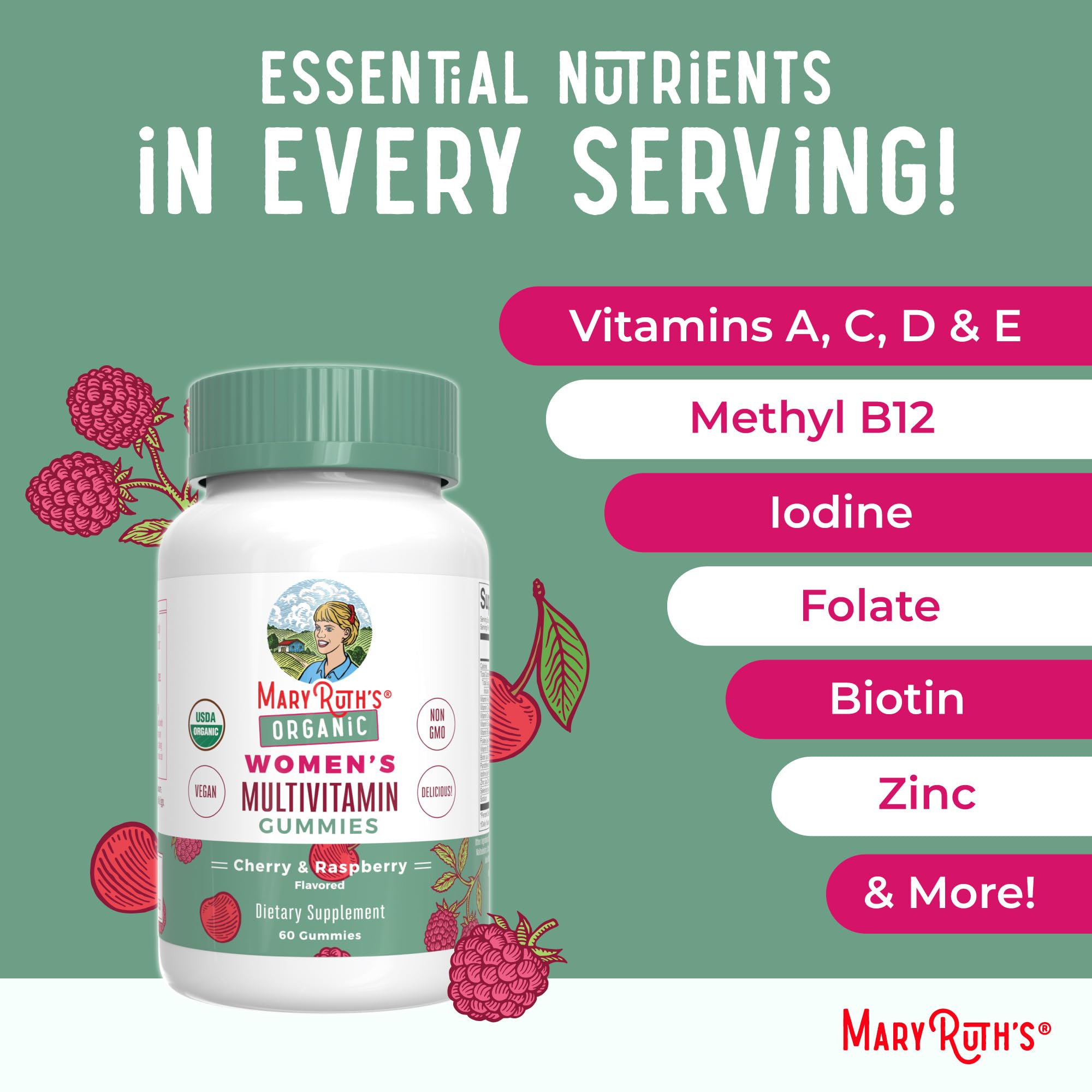 MARYRUTH'S Multivitamin Gummies for Women Ages 14+ | Immune Support | Hair & Skin Health | Reproductive Health | Vitamin A C D E B6 B12 Biotin Zinc Iodine | Organic | Vegan | Non-GMO | 60 Count