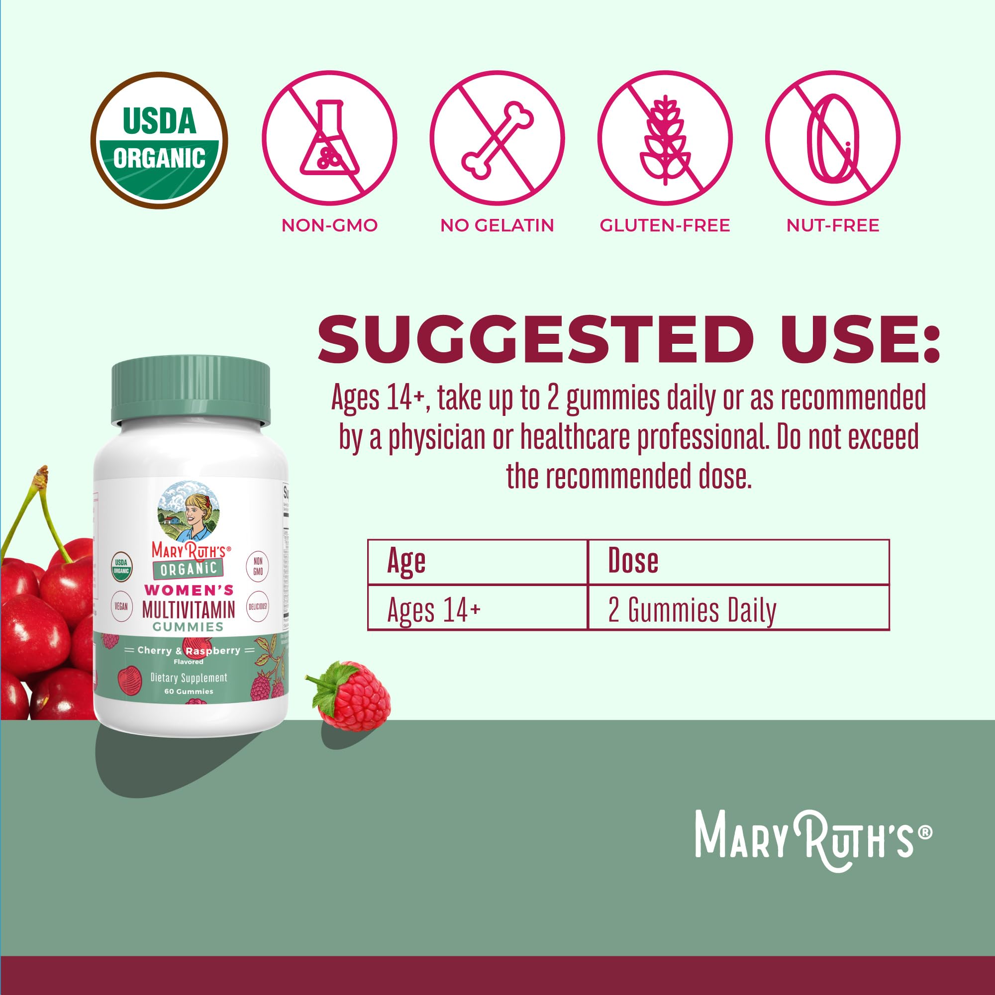 MARYRUTH'S Multivitamin Gummies for Women Ages 14+ | Immune Support | Hair & Skin Health | Reproductive Health | Vitamin A C D E B6 B12 Biotin Zinc Iodine | Organic | Vegan | Non-GMO | 60 Count