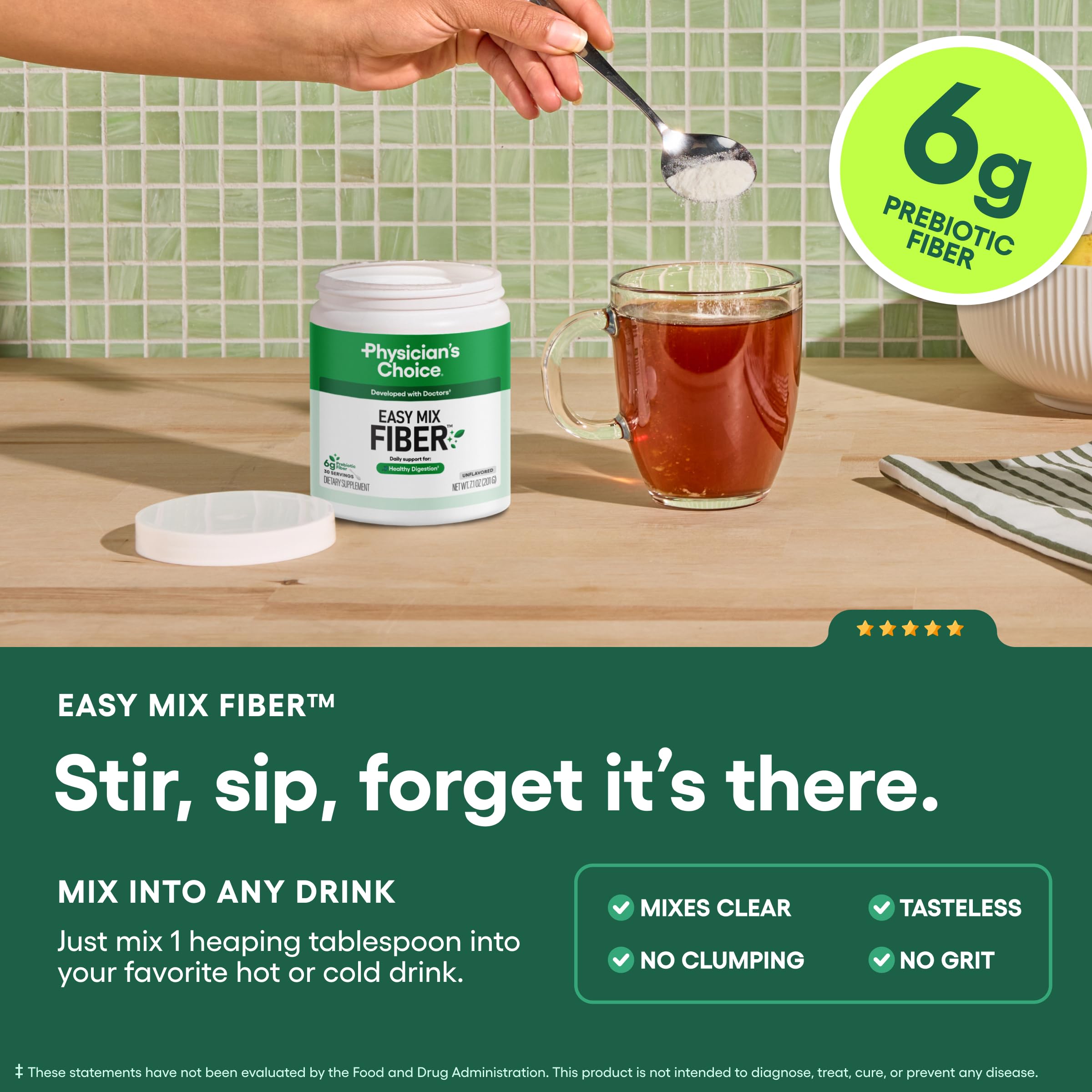 Physician's CHOICE Easy Mix Fiber for Digestive Health & Regularity - No Grit, Sugar Free, & Tasteless - Daily Prebiotic Soluble Fiber Powder Supplement for Women and Men - Unflavored - 7.1oz