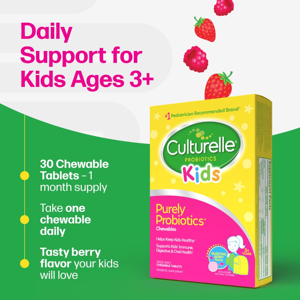 Culturelle Kids Chewable Daily Probiotic for Kids, Ages 3+, 30 Count, #1 Pediatrician-Recommended Brand, Natural Berry Flavored Daily Probiotics for Digestive Health, Oral Care & Immune Support