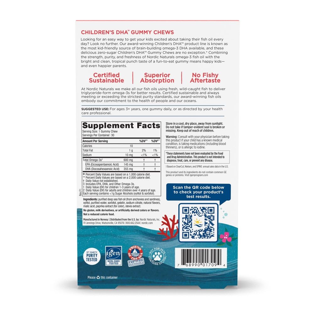 Nordic Naturals Zero Sugar Children’s DHA Gummy Chews, Tropical Punch - 30 Gummy Chews for Kids - 600 mg Total Omega-3s - Brain Development, Learning, Healthy Immunity - Non-GMO - 30 Servings