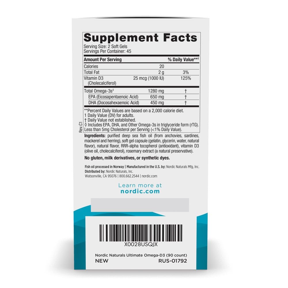 Nordic Naturals Ultimate Omega-D3, Lemon Flavor - 90 Soft Gels - 1280 mg Omega-3 + 1000 IU Vitamin D3 - EPA & DHA - Promotes Brain, Heart, & Immune Health - 45 Servings