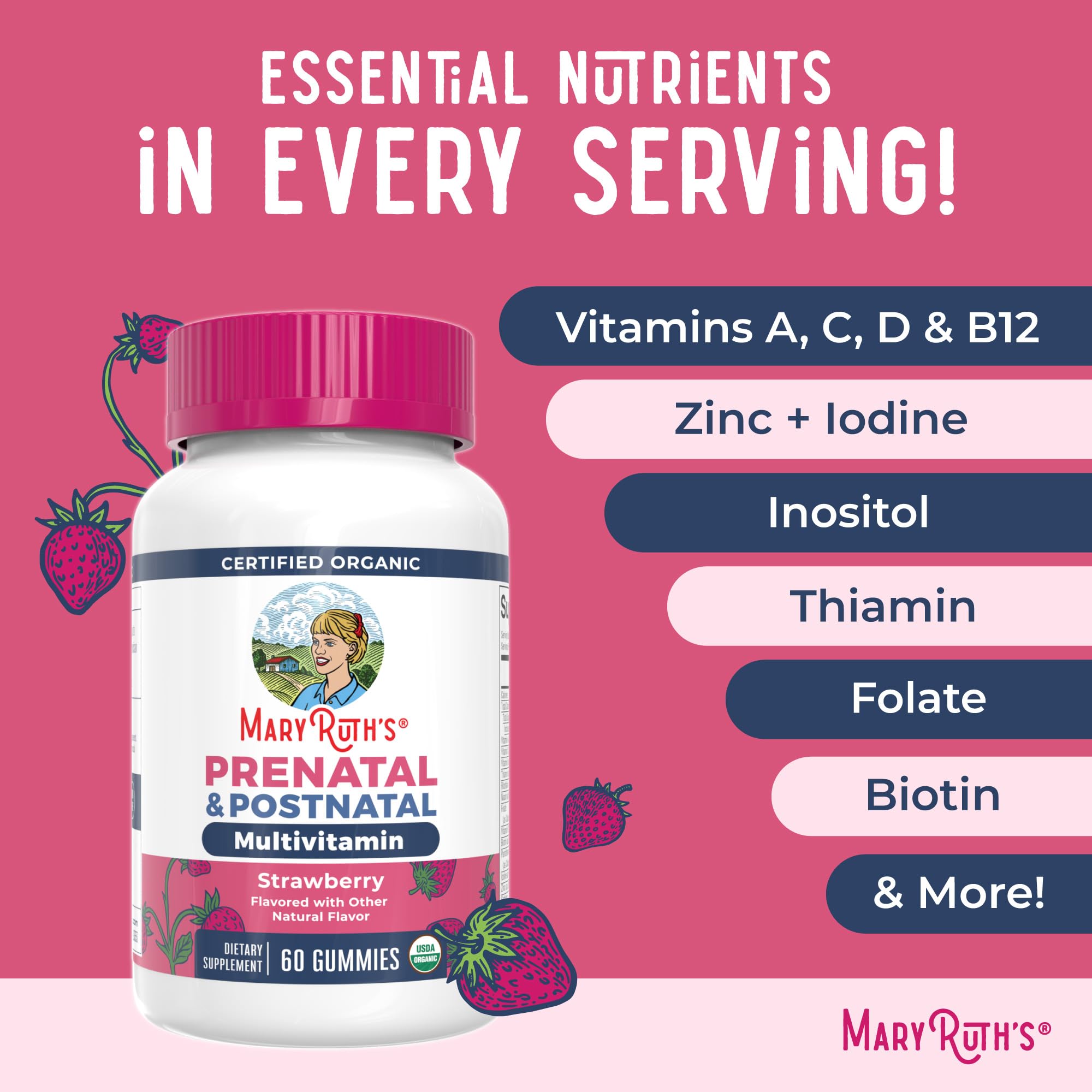 MaryRuth Organics Prenatal Vitamins for Women | USDA Organic Prenatal Gummies | Postnatal Vitamins for Women Breastfeeding | Methylfolate 800 mcg DFE | Iodine | Vegan | Non GMO | 30 Servings