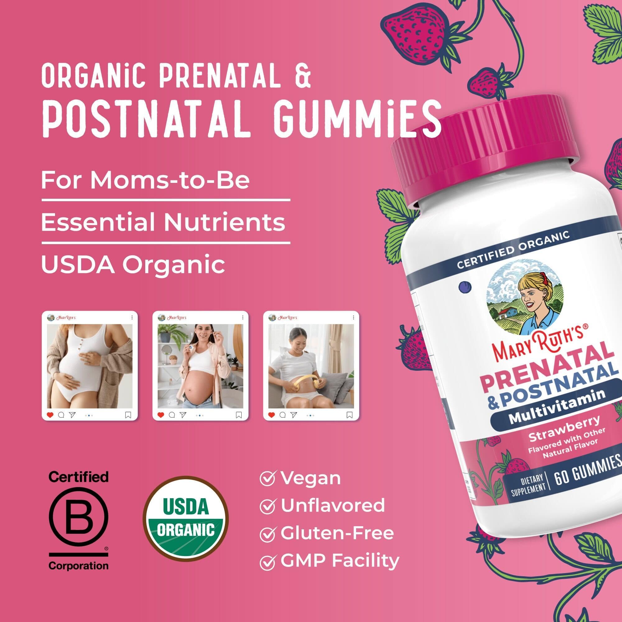 MaryRuth Organics Prenatal Vitamins for Women | USDA Organic Prenatal Gummies | Postnatal Vitamins for Women Breastfeeding | Methylfolate 800 mcg DFE | Iodine | Vegan | Non GMO | 30 Servings
