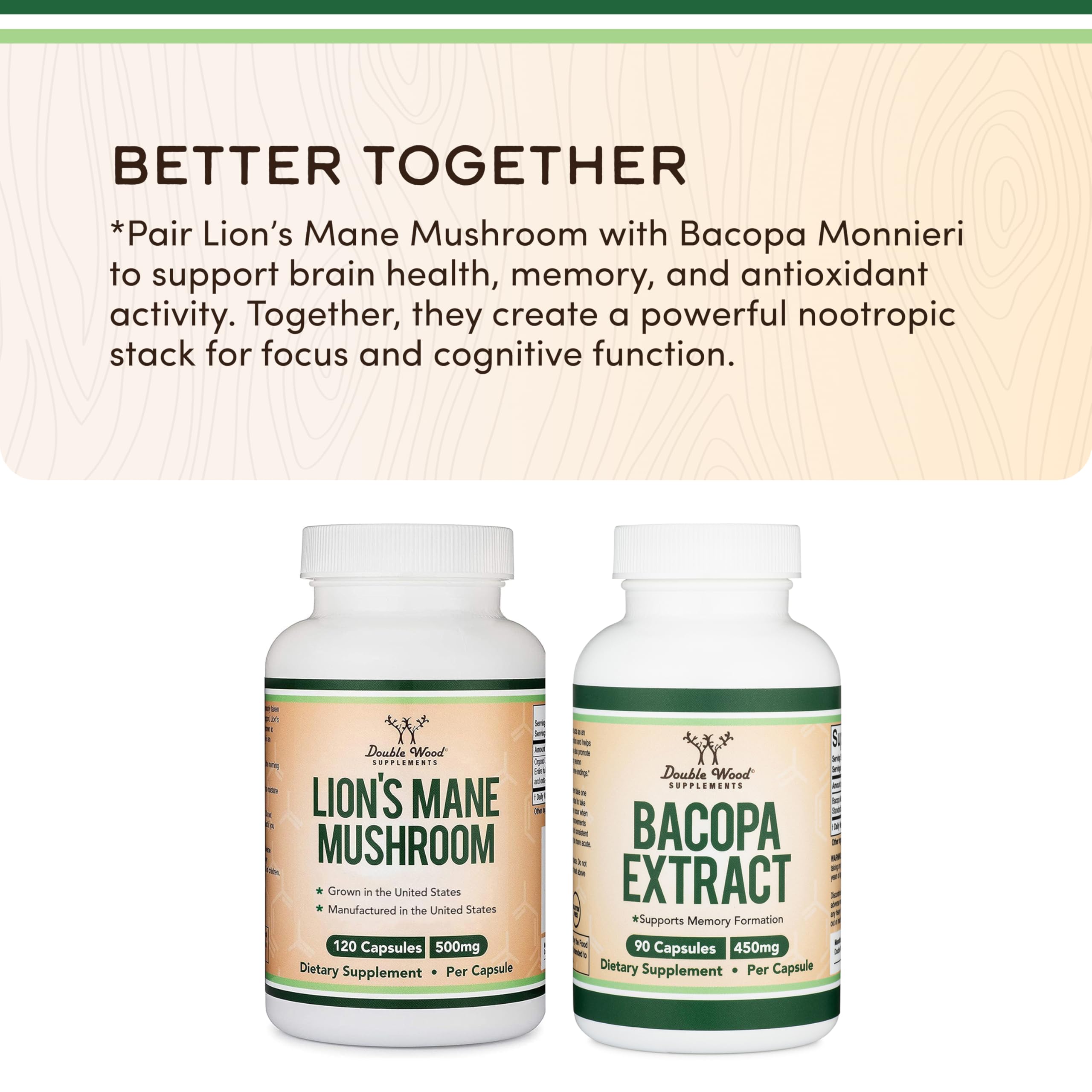 Organic Lions Mane Mushroom Capsules (120 Count), for Focus Support and Immune Health, Third Party Tested and Grown in The USA - by Double Wood