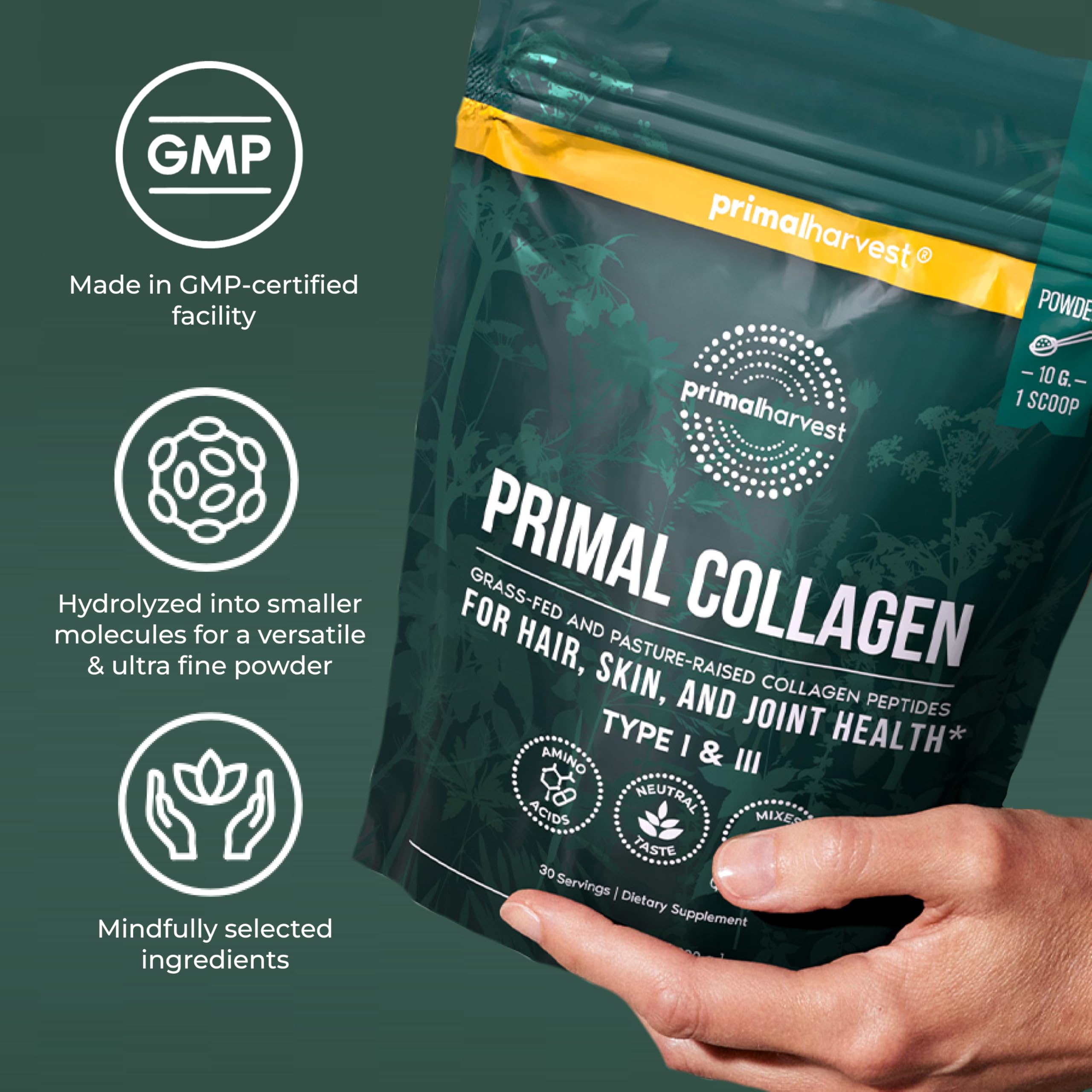 Primal Harvest Collagen Powder for Women or Men Primal Collagen Peptides Powder Type I & III, 10 Oz Collagen Protein Powder for Hair, Skin, Nails (Single, Original)