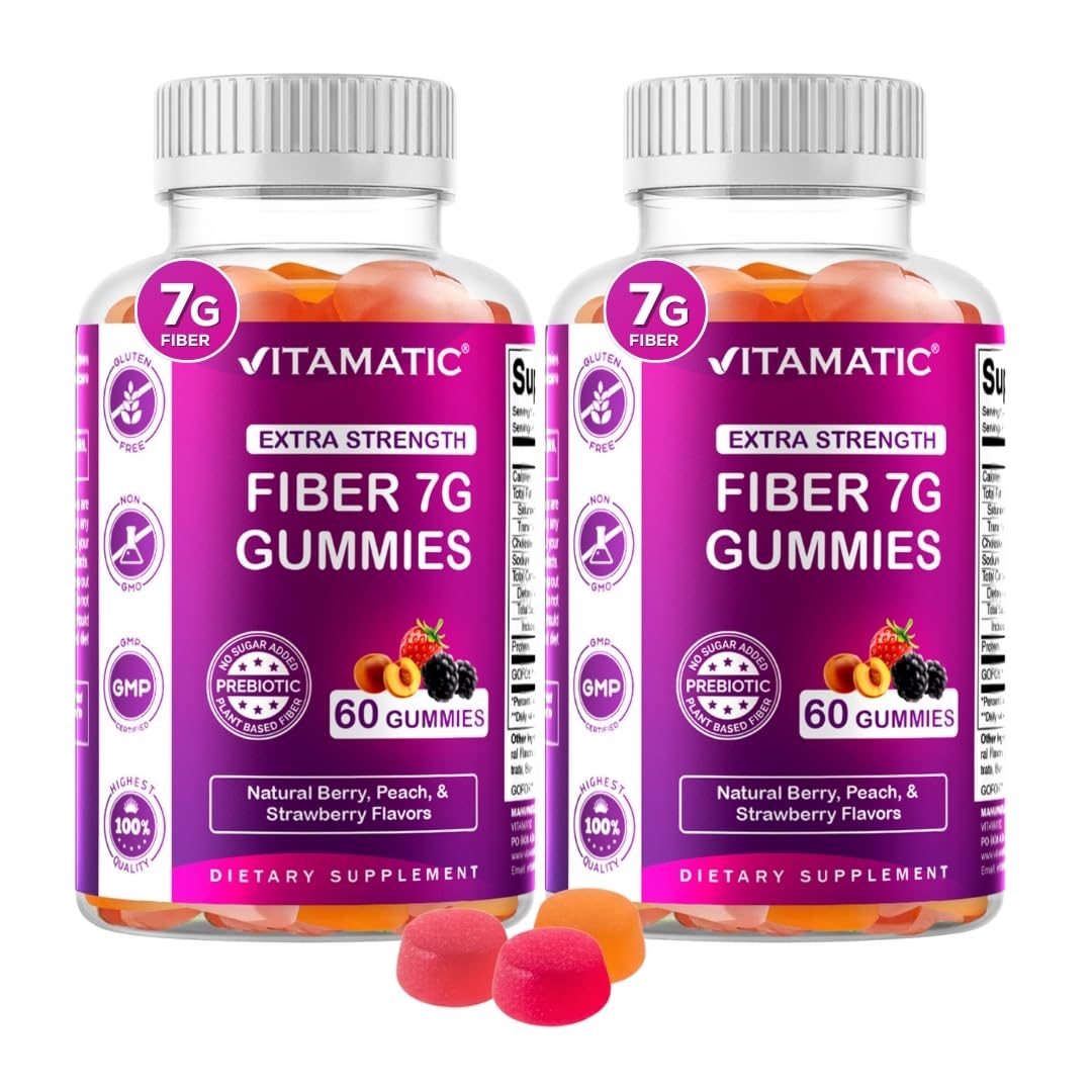 Vitamatic Prebiotic Fiber Gummies for Adults – 2 Pack (Total 120 Gummies) 7g Fiber per Serving | Extra Strength | Zero Sugar Added | Pectin-Based | Digestive Health & Regularity Support