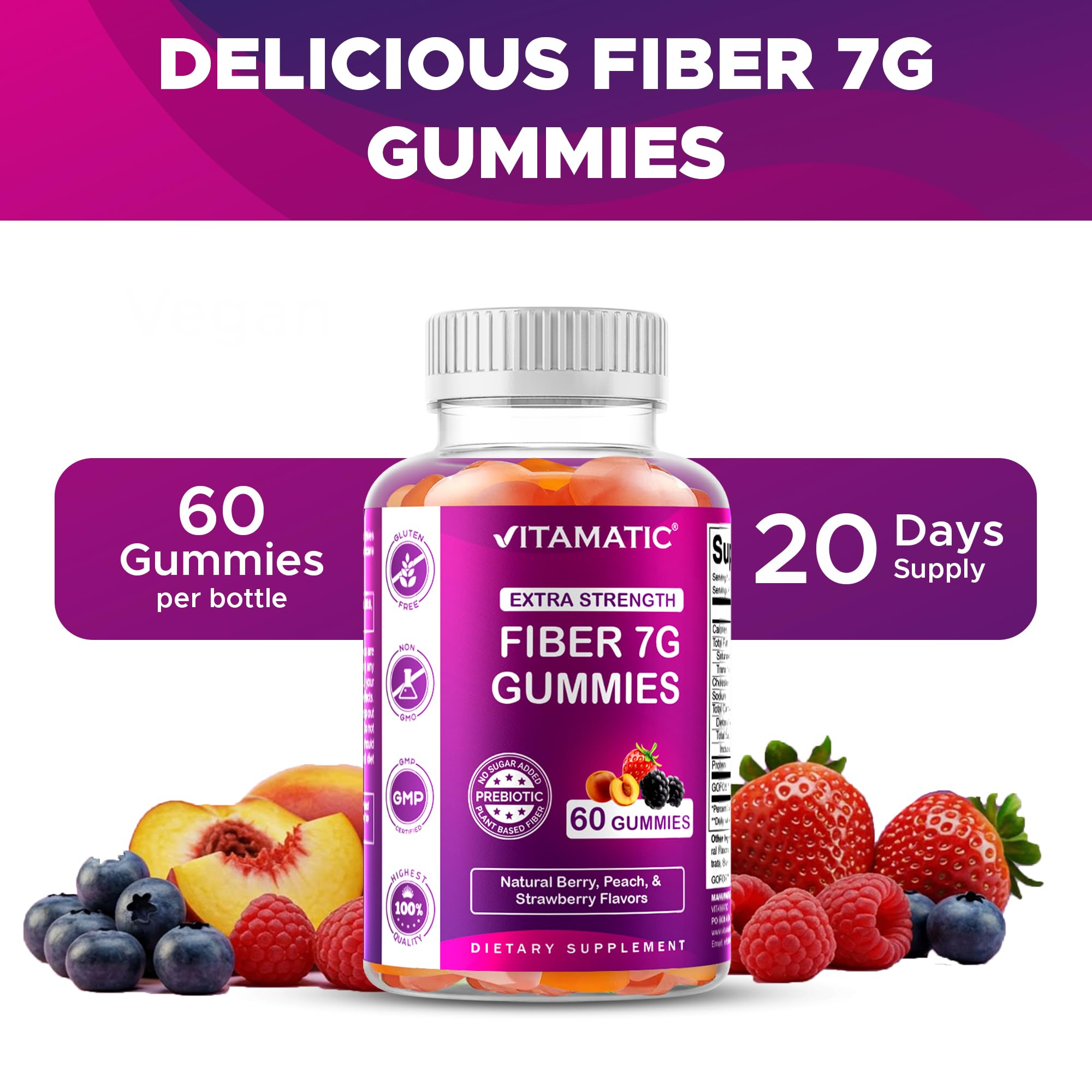 Vitamatic Prebiotic Fiber Gummies for Adults – 2 Pack (Total 120 Gummies) 7g Fiber per Serving | Extra Strength | Zero Sugar Added | Pectin-Based | Digestive Health & Regularity Support