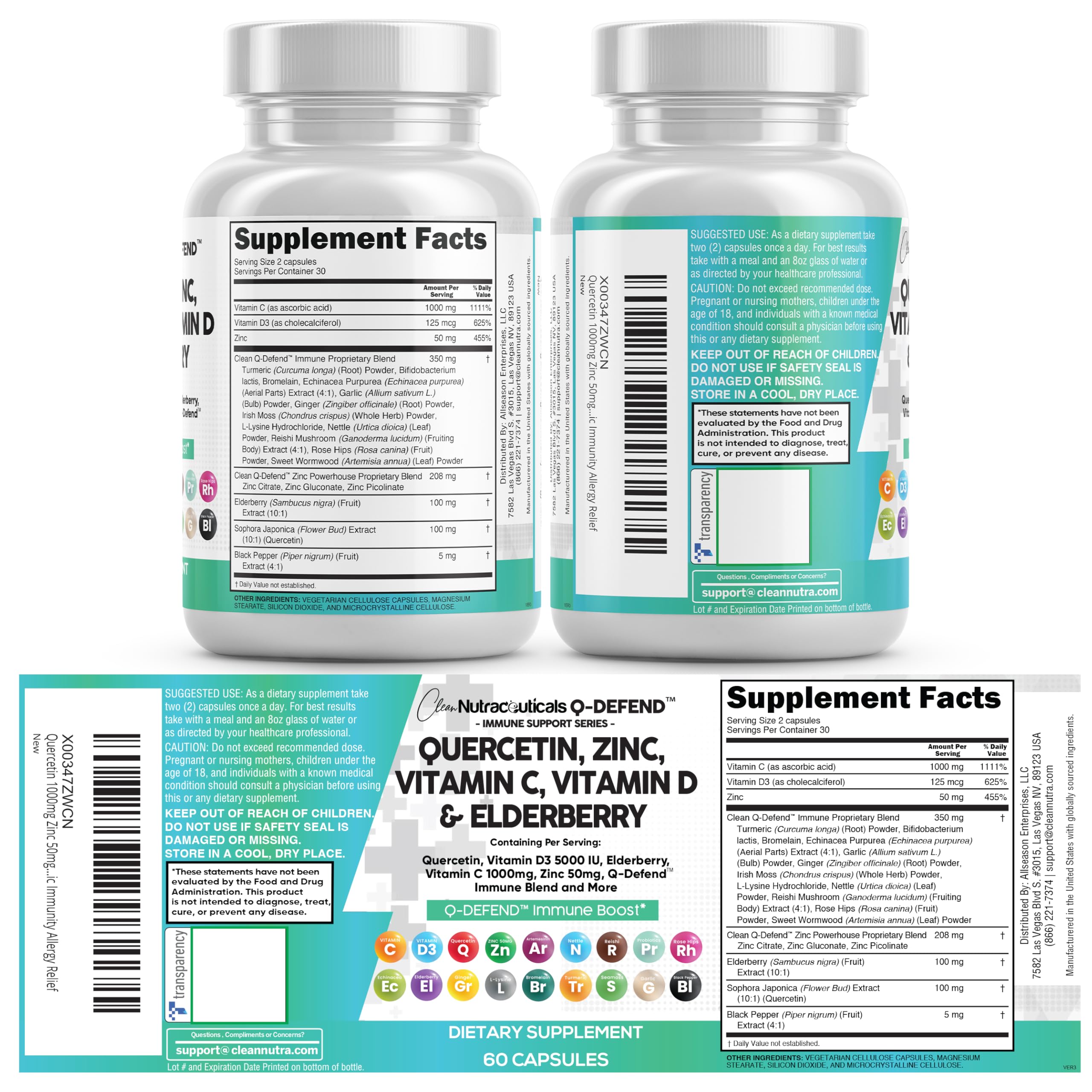 Q Defend Quercetin Supplement with Zinc Vitamin C Vitamin D Elderberry Turmeric Black Pepper Garlic Ginger Sea Moss Lysine Stinging Nettle Reishi Mushroom Immune Support 60 Capsules by Clean Nutra