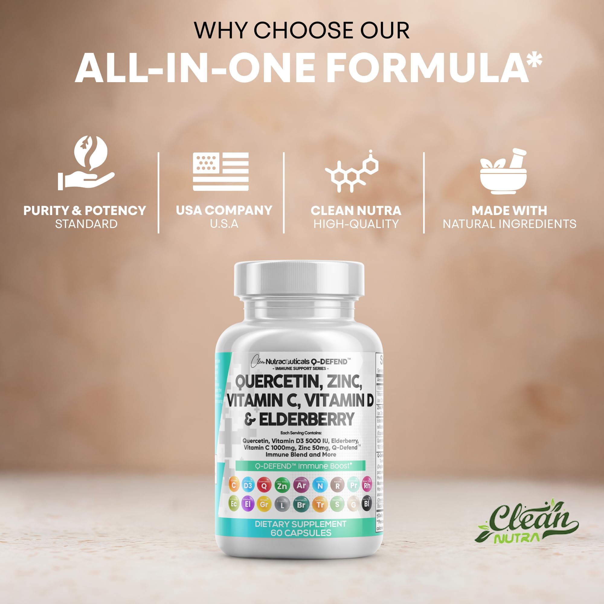 Q Defend Quercetin Supplement with Zinc Vitamin C Vitamin D Elderberry Turmeric Black Pepper Garlic Ginger Sea Moss Lysine Stinging Nettle Reishi Mushroom Immune Support 60 Capsules by Clean Nutra