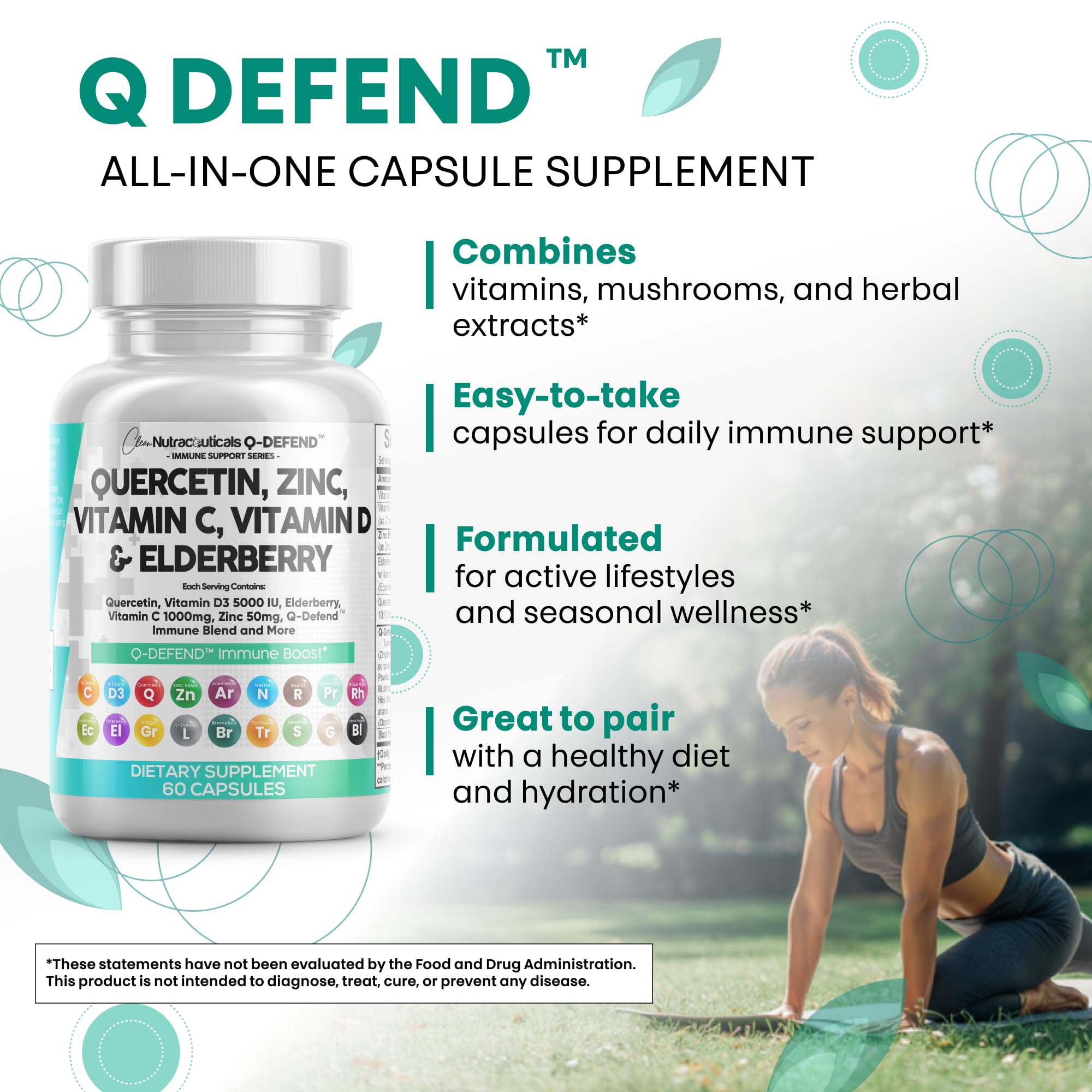 Q Defend Quercetin Supplement with Zinc Vitamin C Vitamin D Elderberry Turmeric Black Pepper Garlic Ginger Sea Moss Lysine Stinging Nettle Reishi Mushroom Immune Support 60 Capsules by Clean Nutra