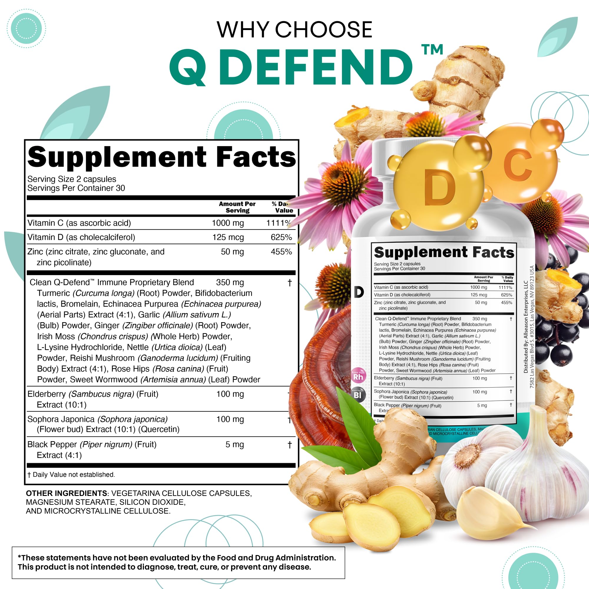 Q Defend Quercetin Supplement with Zinc Vitamin C Vitamin D Elderberry Turmeric Black Pepper Garlic Ginger Sea Moss Lysine Stinging Nettle Reishi Mushroom Immune Support 60 Capsules by Clean Nutra
