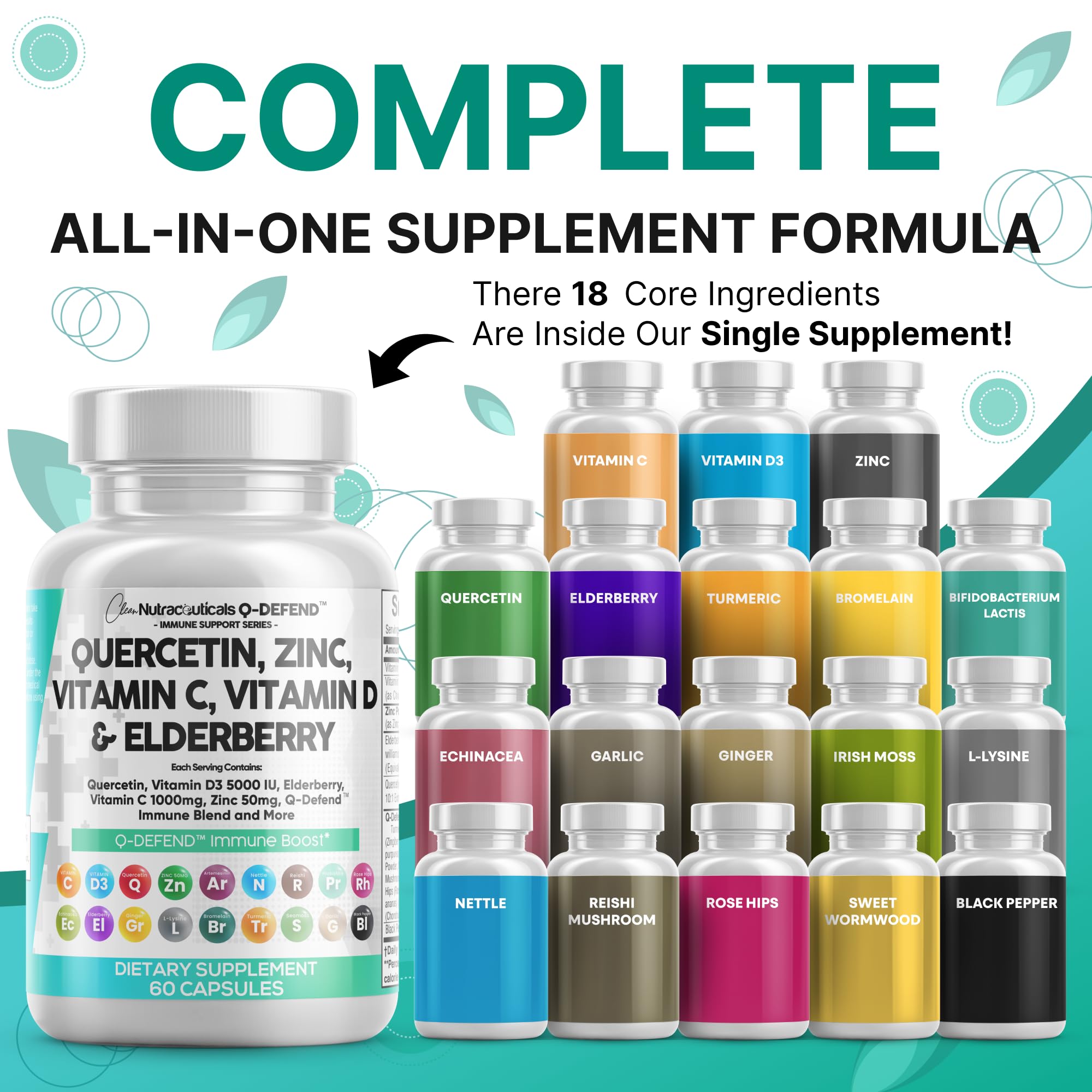 Q Defend Quercetin Supplement with Zinc Vitamin C Vitamin D Elderberry Turmeric Black Pepper Garlic Ginger Sea Moss Lysine Stinging Nettle Reishi Mushroom Immune Support 60 Capsules by Clean Nutra