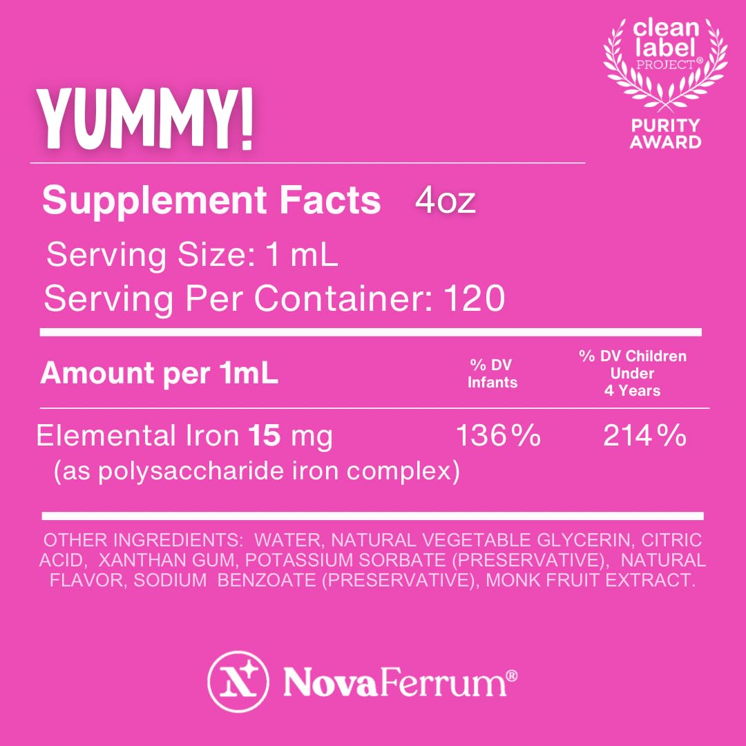 NovaFerrum Yummy | Pediatric Drops Liquid Iron Supplement for Infants and Toddlers | Liquid Iron for Kids | 15mg of Iron Per 1mL Dose | Ages 4 & Under | Gluten Free Certified | Sugar-Free | Raspberry