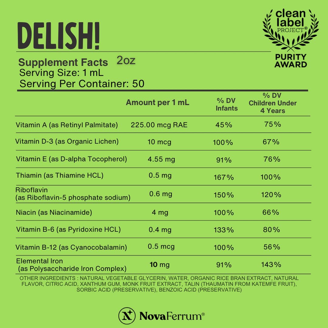 NovaFerrum Delish | Vegan Multivitamin with Iron for Infants, Toddlers & Kids | Immune Support | Organic Plant-Based D-3 | Gluten Free | Vegan Verified | Sugar Free | 1.69 Fl Oz (50 mL)
