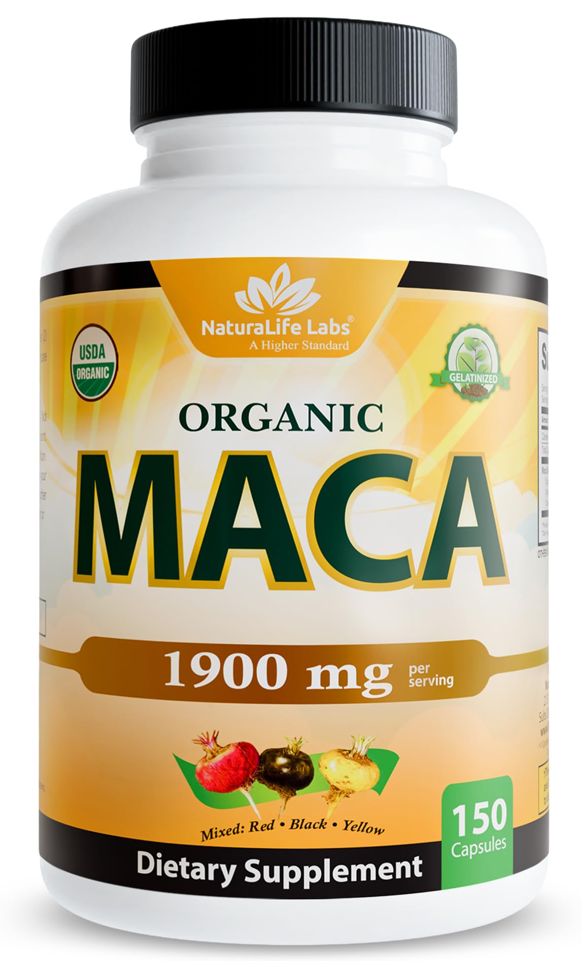 NaturaLife Labs Organic Maca Root – Black, Red & Yellow – 1900 mg per Serving – 150 Capsules – Gelatinized Peruvian Maca – Non-GMO, Gluten-Free, Vegan