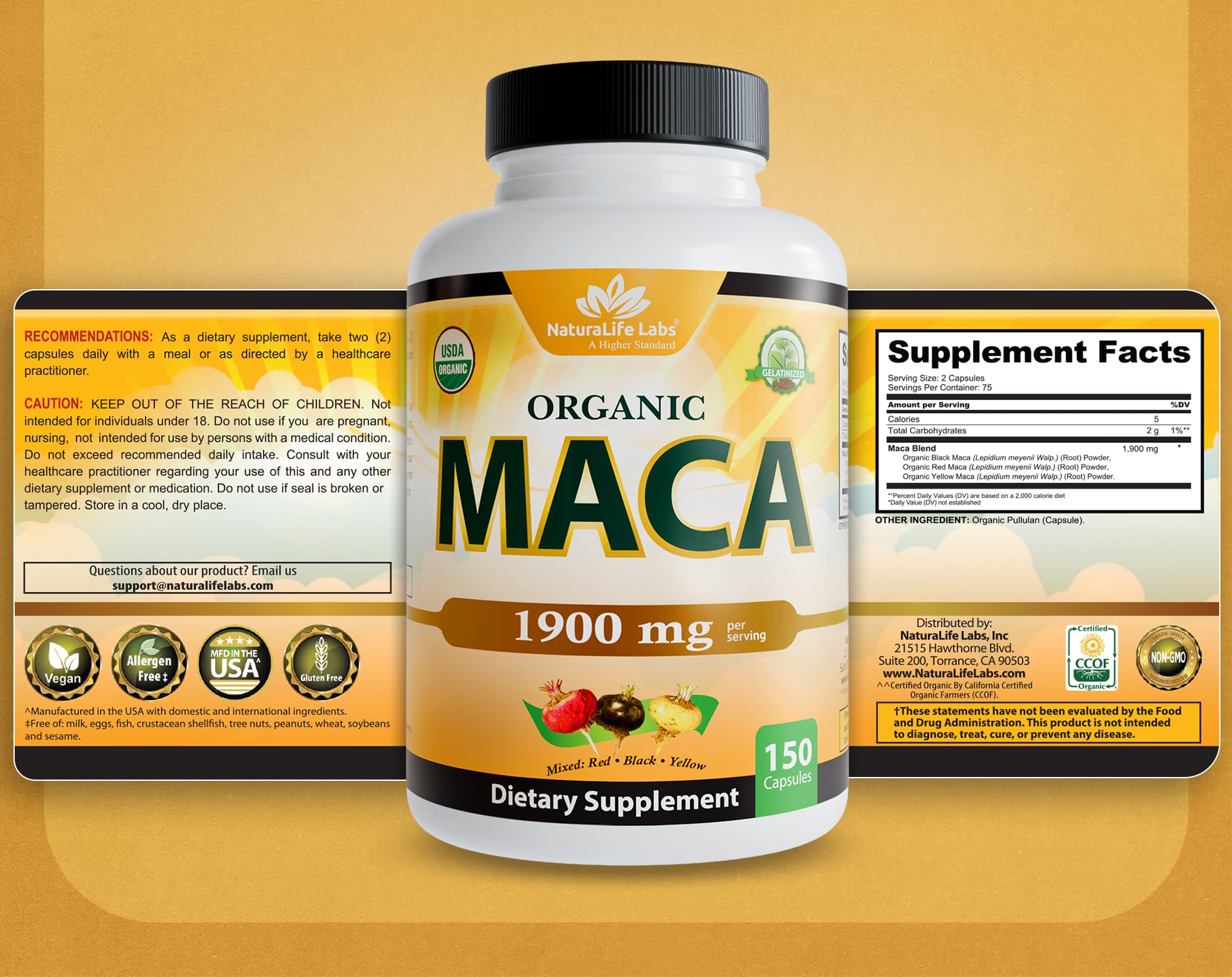 NaturaLife Labs Organic Maca Root – Black, Red & Yellow – 1900 mg per Serving – 150 Capsules – Gelatinized Peruvian Maca – Non-GMO, Gluten-Free, Vegan