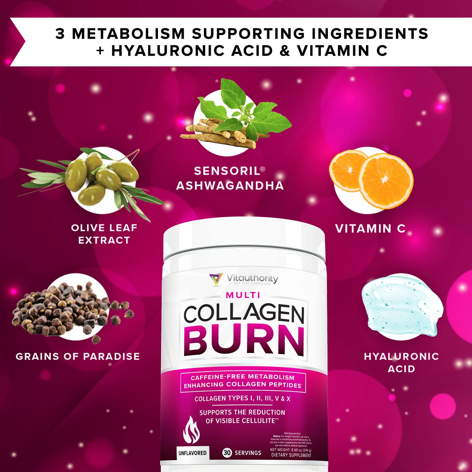 Hydrolyzed Collagen Powder for Weight Loss - Burn Ultimate Beauty Complex Multi Peptides Powder for Women with Types I II III V and X for Fat Burning Support Unflavored 30 Servings