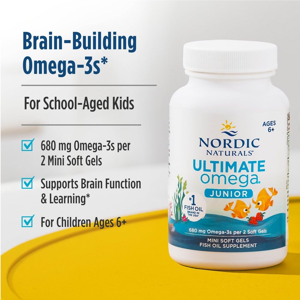 Nordic Naturals Ultimate Omega Jr., Strawberry - 120 Mini Soft Gels - 680 Total Omega-3s with EPA & DHA - Brain Health, Mood, Learning - Non-GMO - 60 Servings