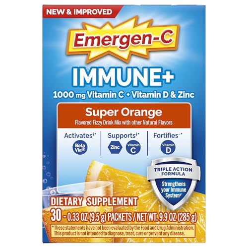 Emergen-C Immune+ Triple Action Immune Support Powder, BetaVia (R), 1000mg Vitamin C, B Vitamins, Vitamin D and Antioxidants, Super Orange – 30 Count