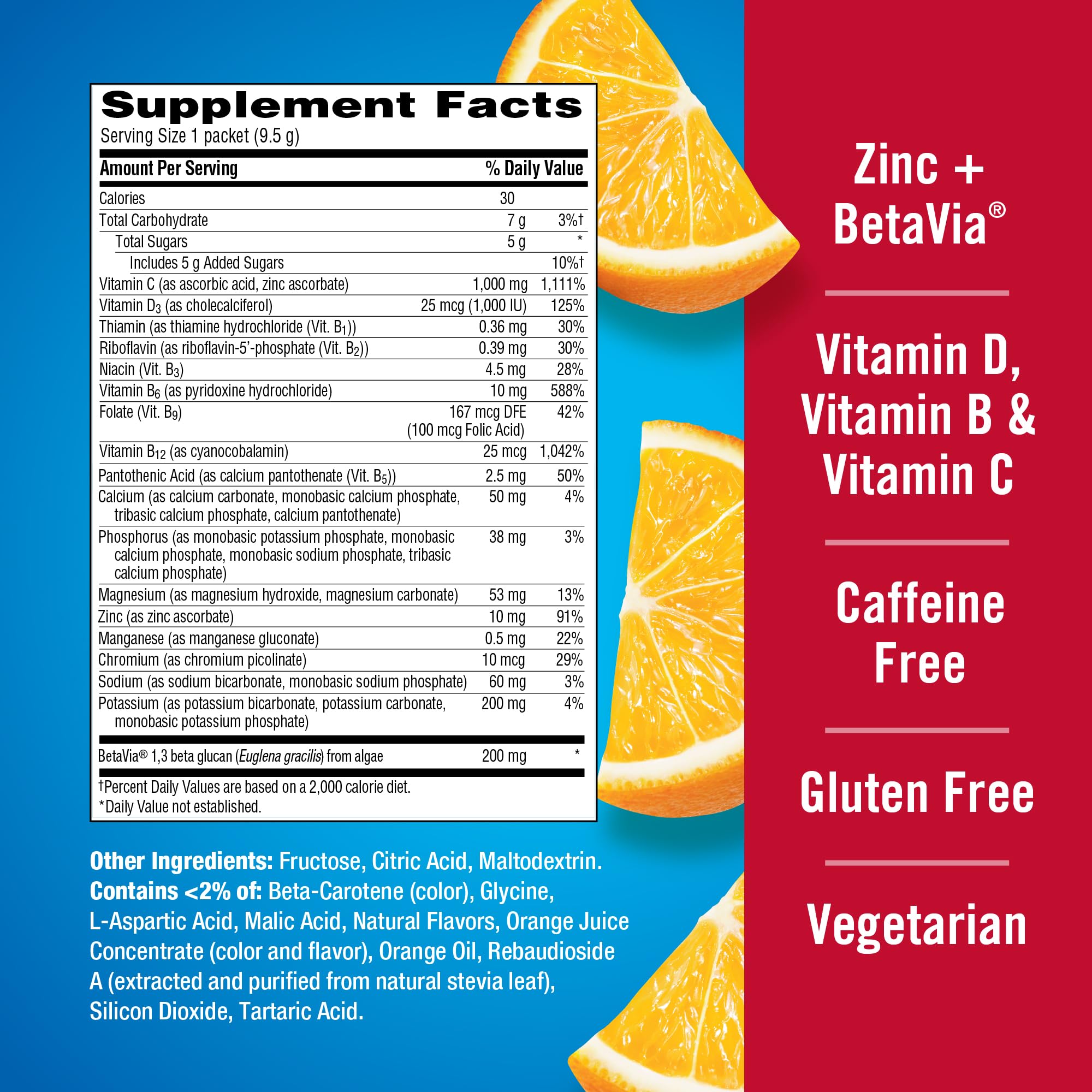 Emergen-C Immune+ Triple Action Immune Support Powder, BetaVia (R), 1000mg Vitamin C, B Vitamins, Vitamin D and Antioxidants, Super Orange – 30 Count