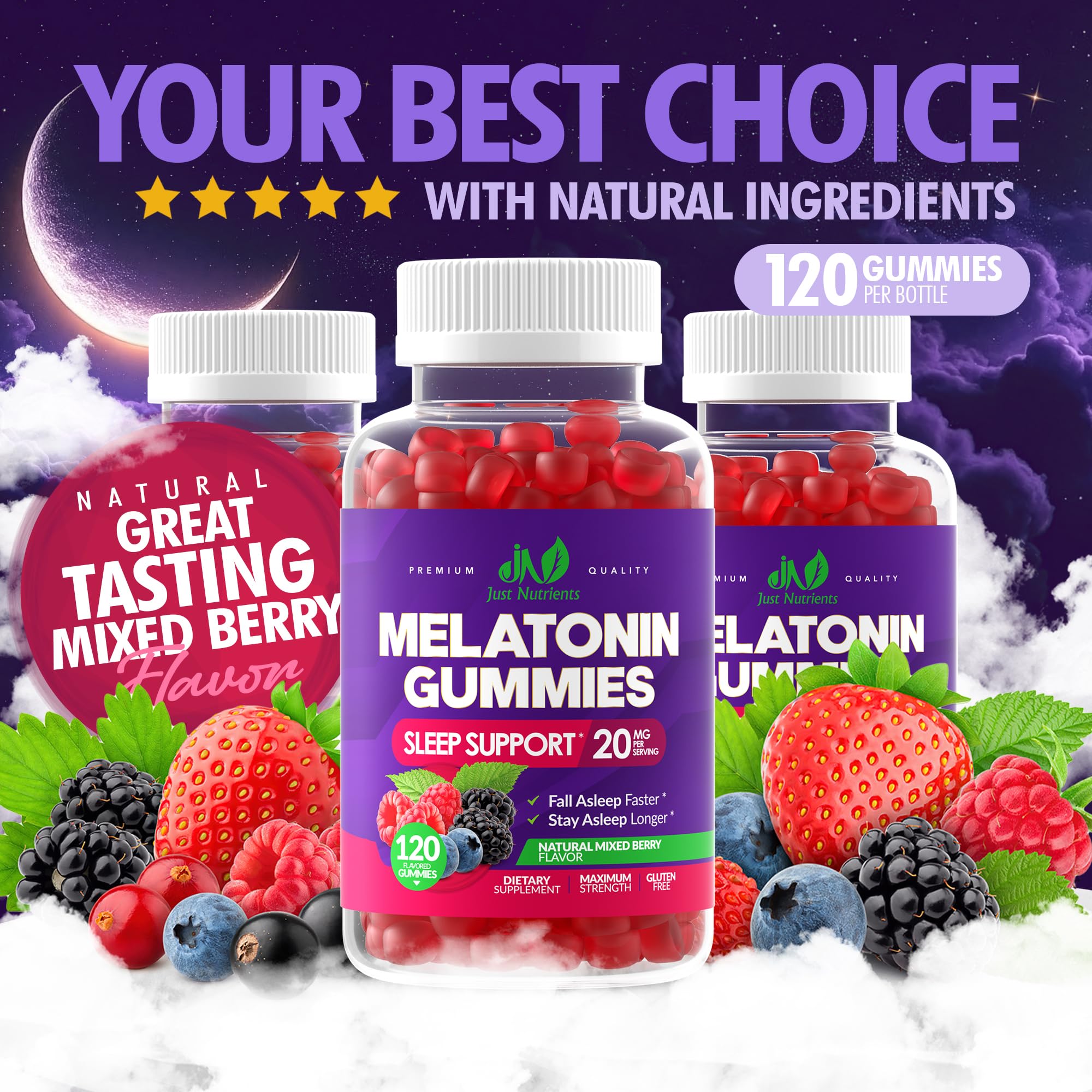 Melatonin 20mg Gummies (120 Count) - Maximum Strength Sleep Support for Adults with 10mg of Melatonin Per Gummy - Gluten-Free, Non-GMO, Vegetarian, Great Tasting Mixed Berry Flavor - 60 Servings