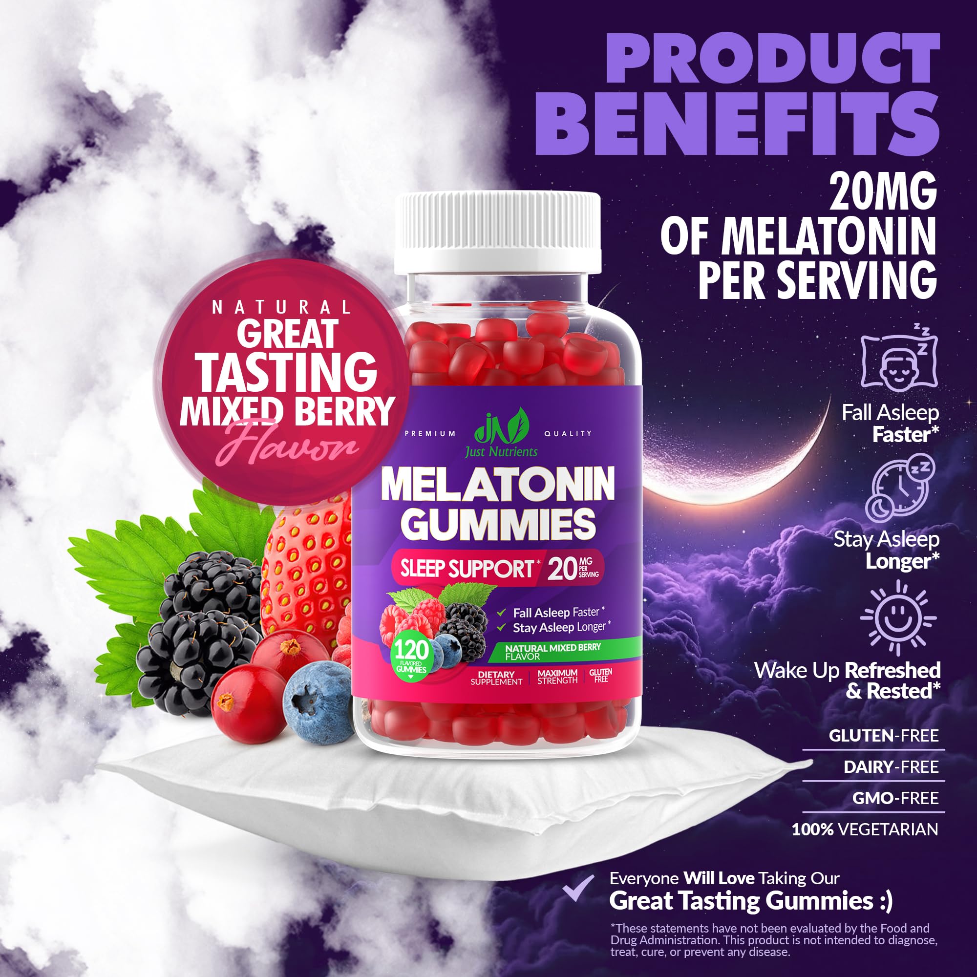 Melatonin 20mg Gummies (120 Count) - Maximum Strength Sleep Support for Adults with 10mg of Melatonin Per Gummy - Gluten-Free, Non-GMO, Vegetarian, Great Tasting Mixed Berry Flavor - 60 Servings