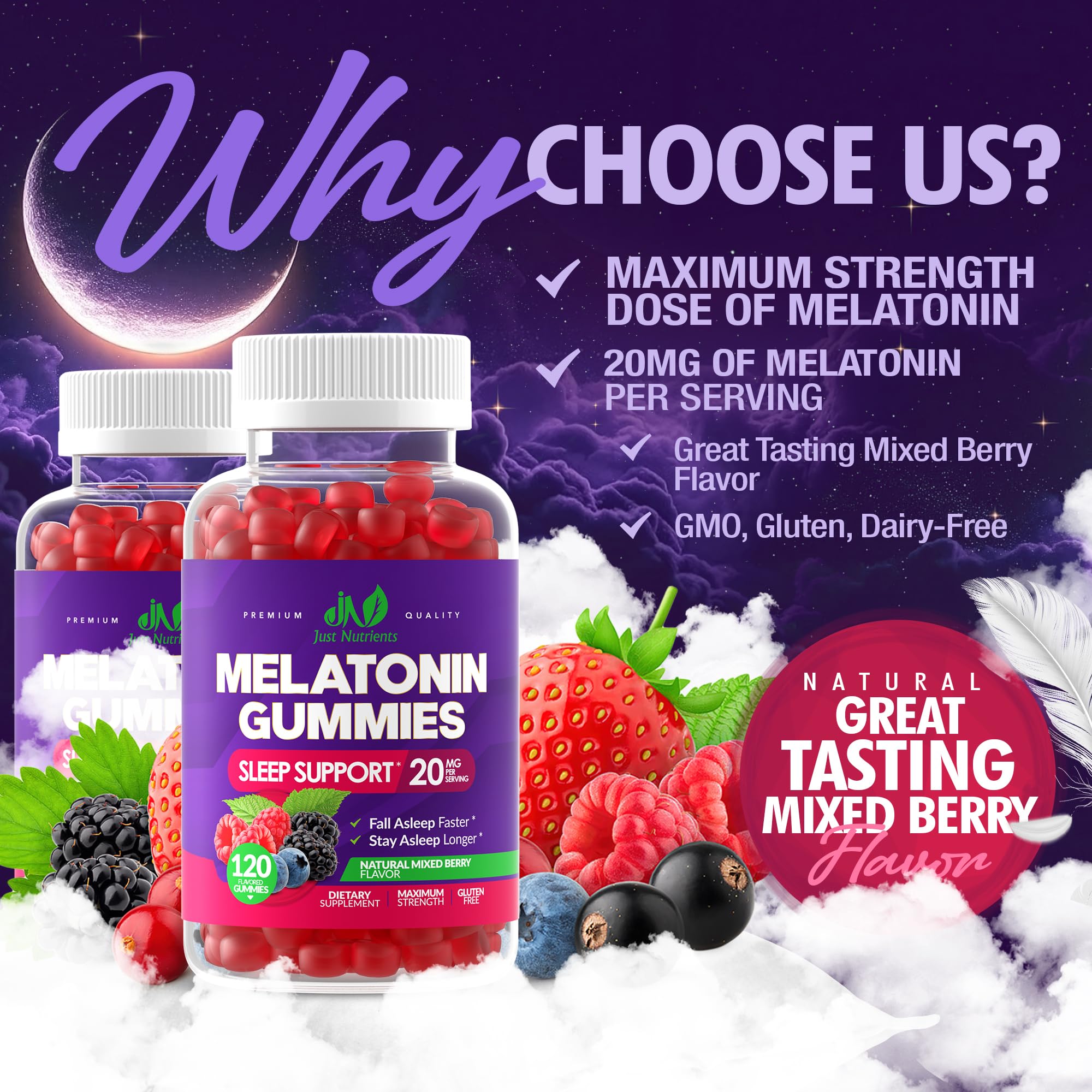 Melatonin 20mg Gummies (120 Count) - Maximum Strength Sleep Support for Adults with 10mg of Melatonin Per Gummy - Gluten-Free, Non-GMO, Vegetarian, Great Tasting Mixed Berry Flavor - 60 Servings