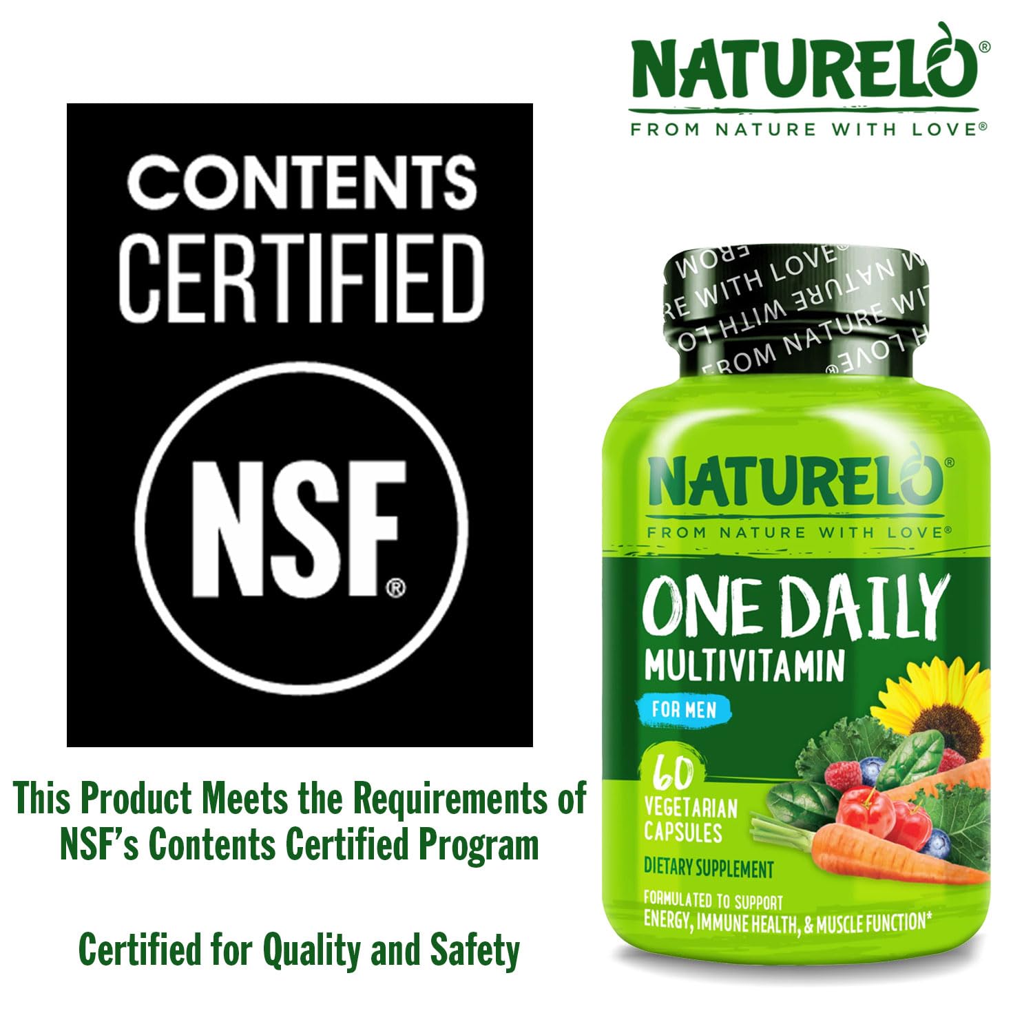 NATURELO Mens Multivitamins - One Daily Multivitamin for Men with Vitamins, Minerals & Organic Whole Foods, Boost Energy & Health, Non-GMO, 60 Vegetarian Capsules