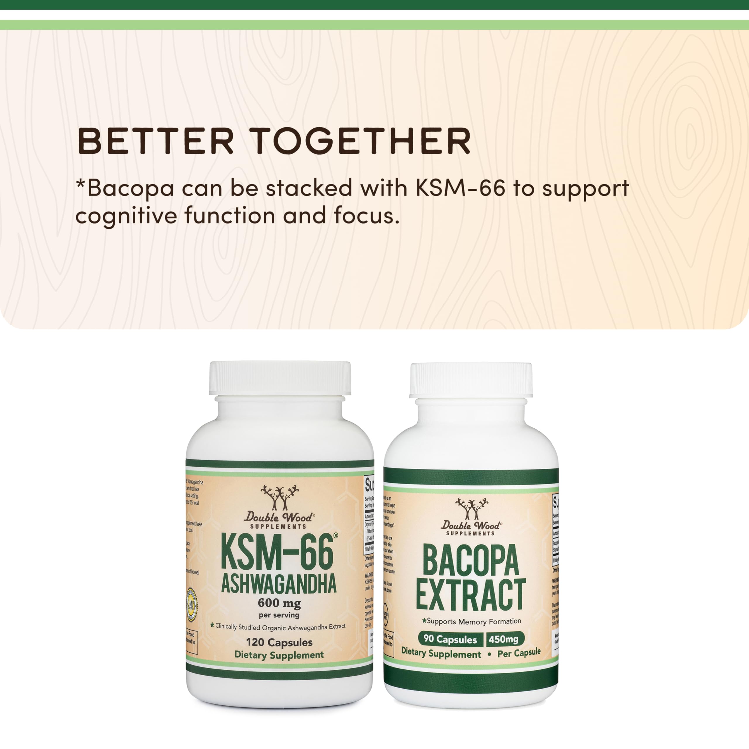 Double Wood Supplements Ashwagandha KSM 66 Organic and Clinically Studied Extract (600mg Per Serving, 120 Capsules, 60 Servings) Adaptogen Cortisol Manager for Women and Men