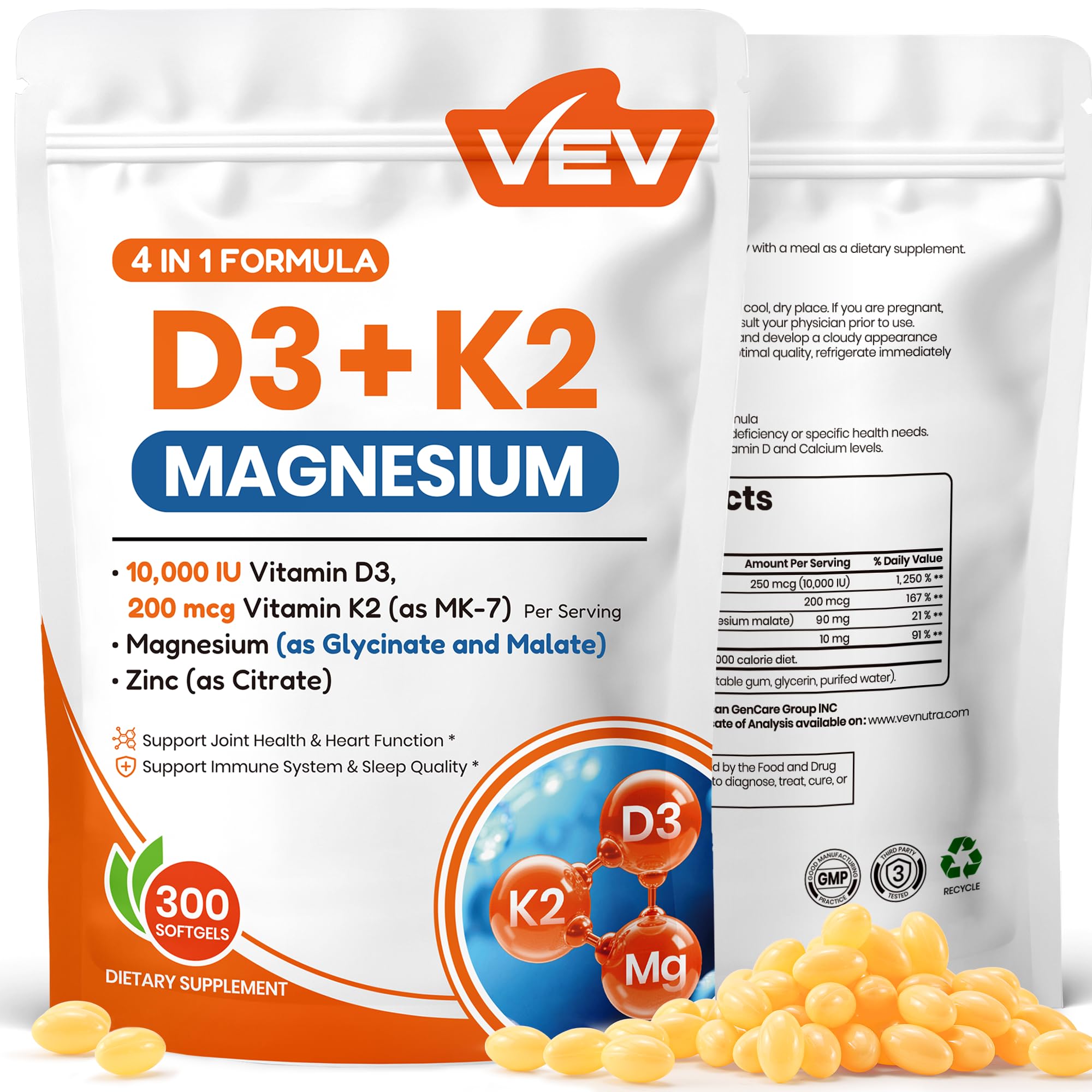 VEV Vitamin D3 K2 10,000 IU Magnesium Supplement – with Vitamin D and K (MK-7), Magnesium Glycinate & Malate, Zinc Citrate – 300 Softgels for Energy, Bone & Muscle Support