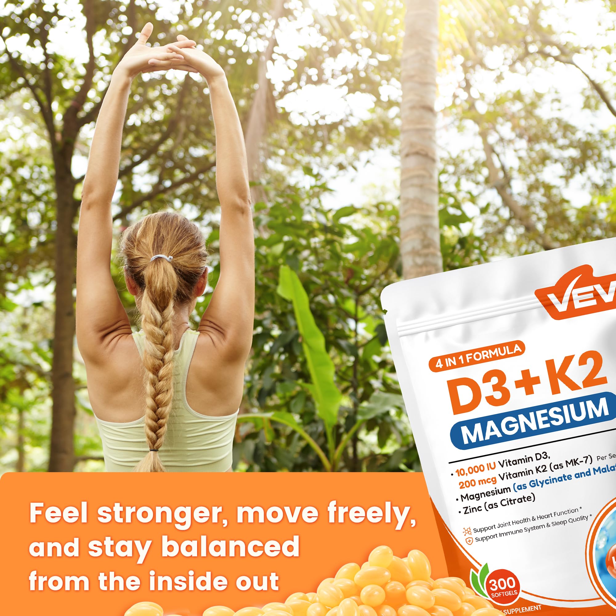 VEV Vitamin D3 K2 10,000 IU Magnesium Supplement – with Vitamin D and K (MK-7), Magnesium Glycinate & Malate, Zinc Citrate – 300 Softgels for Energy, Bone & Muscle Support