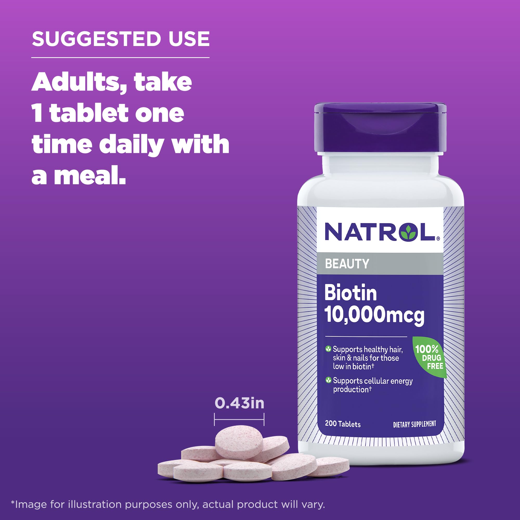 Natrol Biotin 10000mcg, Supplement for Healthy Hair, Skin and Nails for Those Low in Biotin, Plus Energy Metabolism Support, 200 Tablets, Up to a 200 Day Supply