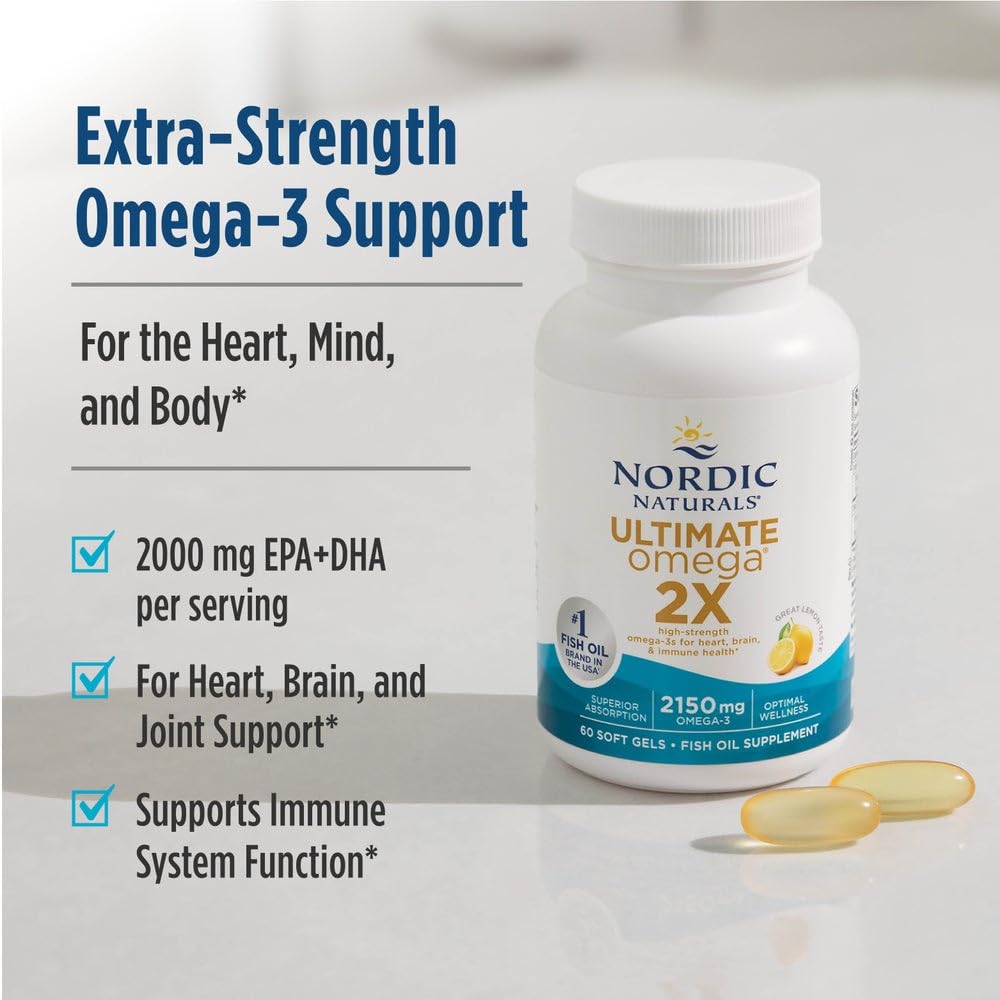 Nordic Naturals Ultimate Omega 2X, Lemon Flavor - 120 Soft Gels - 2150 mg Omega-3 - High-Potency Fish Oil with EPA & DHA - Promotes Brain & Heart Health - Non-GMO - 60 Servings