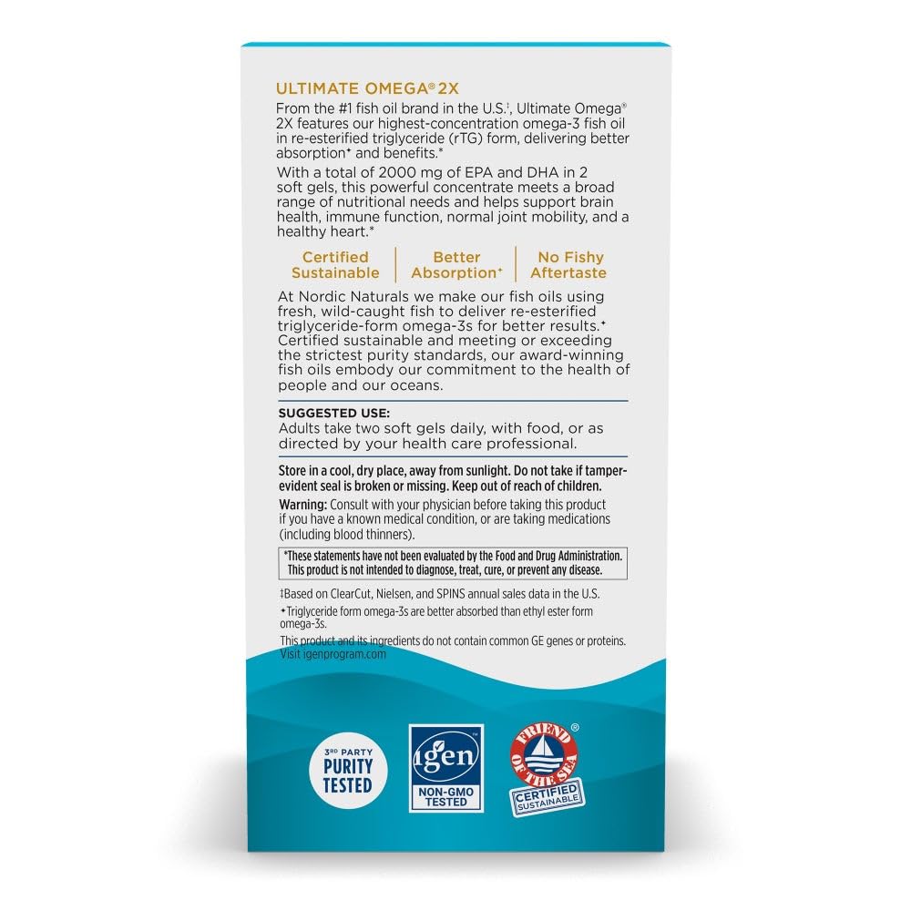 Nordic Naturals Ultimate Omega 2X, Lemon Flavor - 120 Soft Gels - 2150 mg Omega-3 - High-Potency Fish Oil with EPA & DHA - Promotes Brain & Heart Health - Non-GMO - 60 Servings