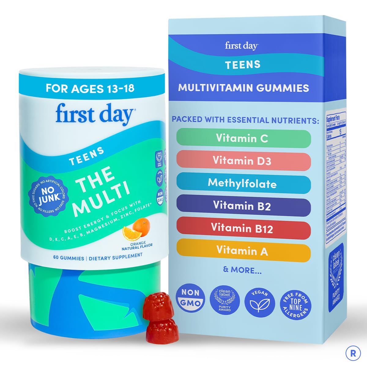 FIRST DAY Vitamins for Teens - Teen Multi Vitamins for Girls & Boys 12-17, Organic Fruit & Veggie Blend - 12 Key Nutrients: Vitamins A, B1, B2, B6, B9, B12, C, D3, E, K2-30 Day Supply
